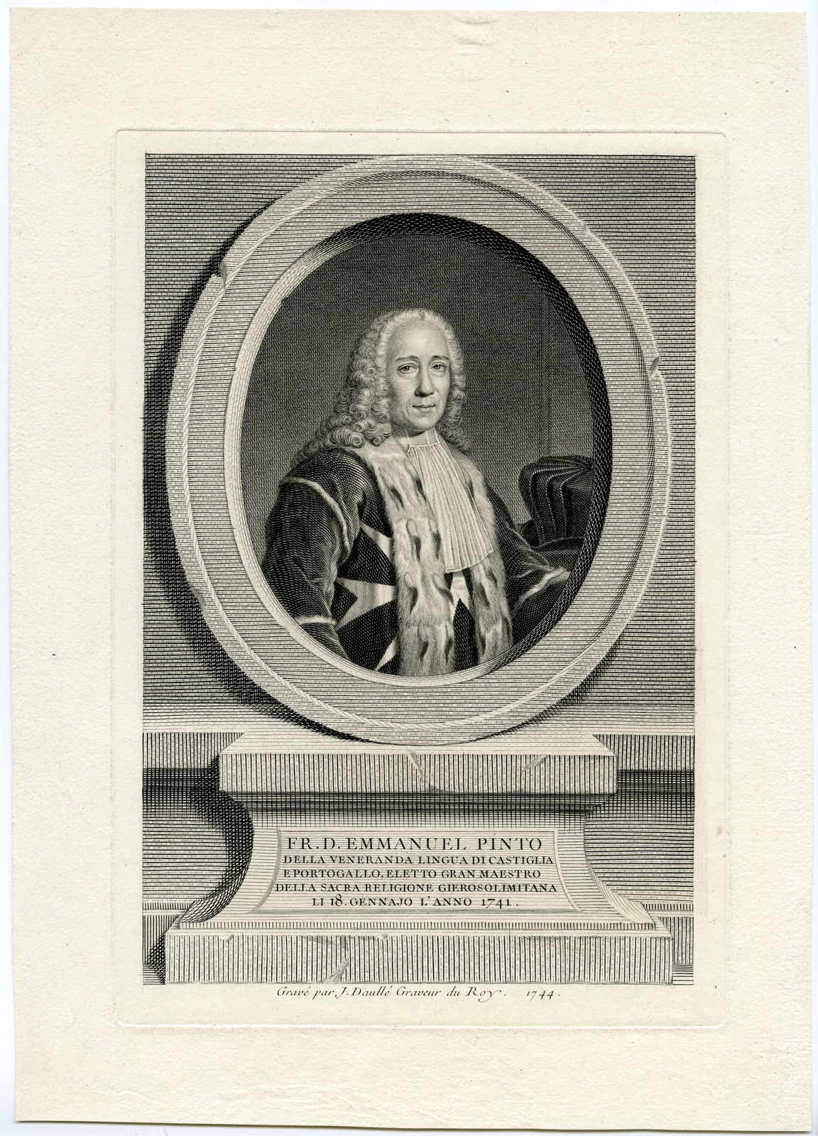 , Antique Print – MANUEL PINTO DA FONSECA-ORDER OF SAINT JOHN-MALTA-KNIGHT-DAULLE after unknown artist – 1744, Pictura Antique Prints