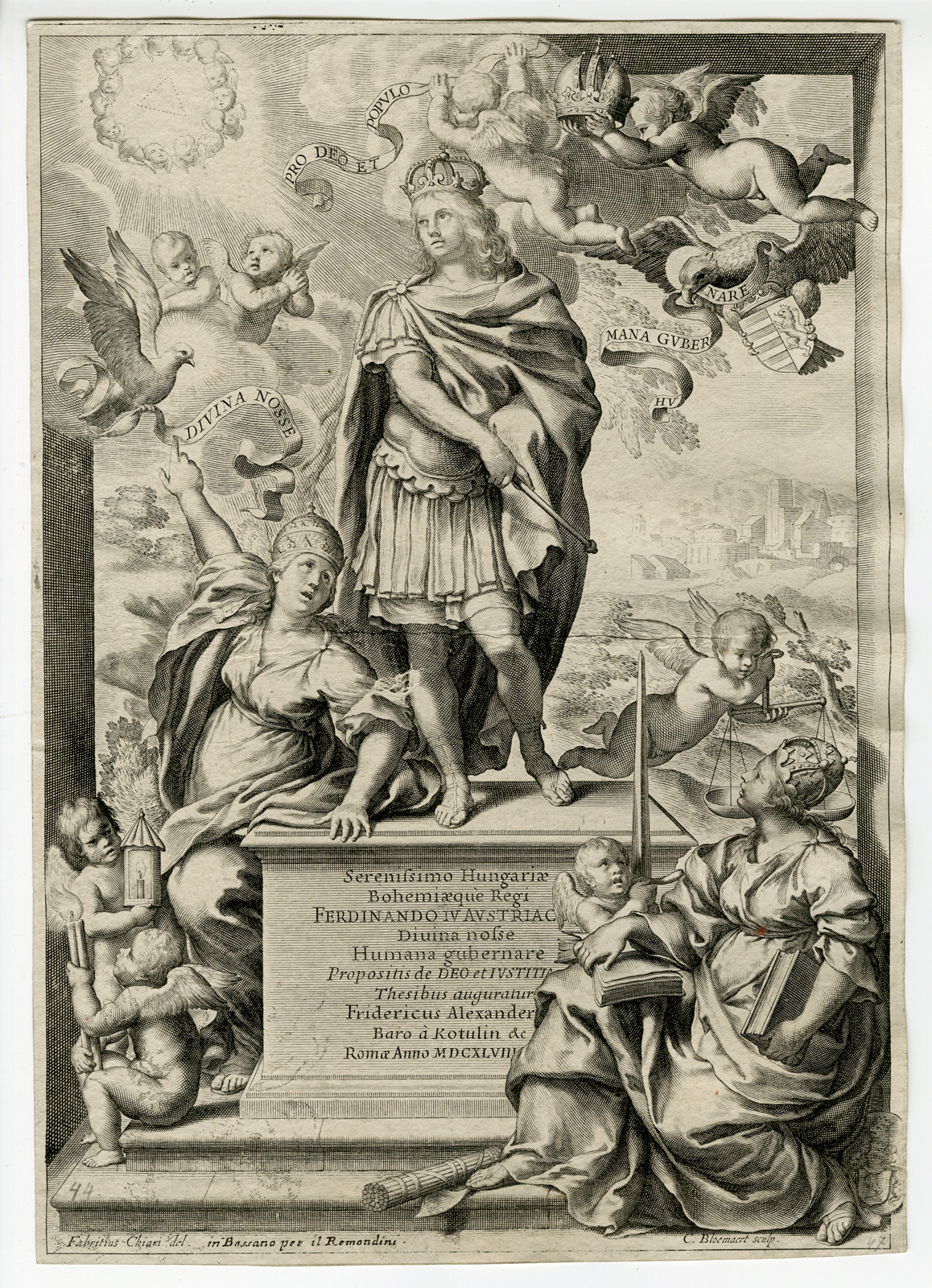 , Antique Print – PERDINAND IV-HUNGARY-ALLEGORY-BLOEMAERT after CHIARI – 1648, Pictura Antique Prints