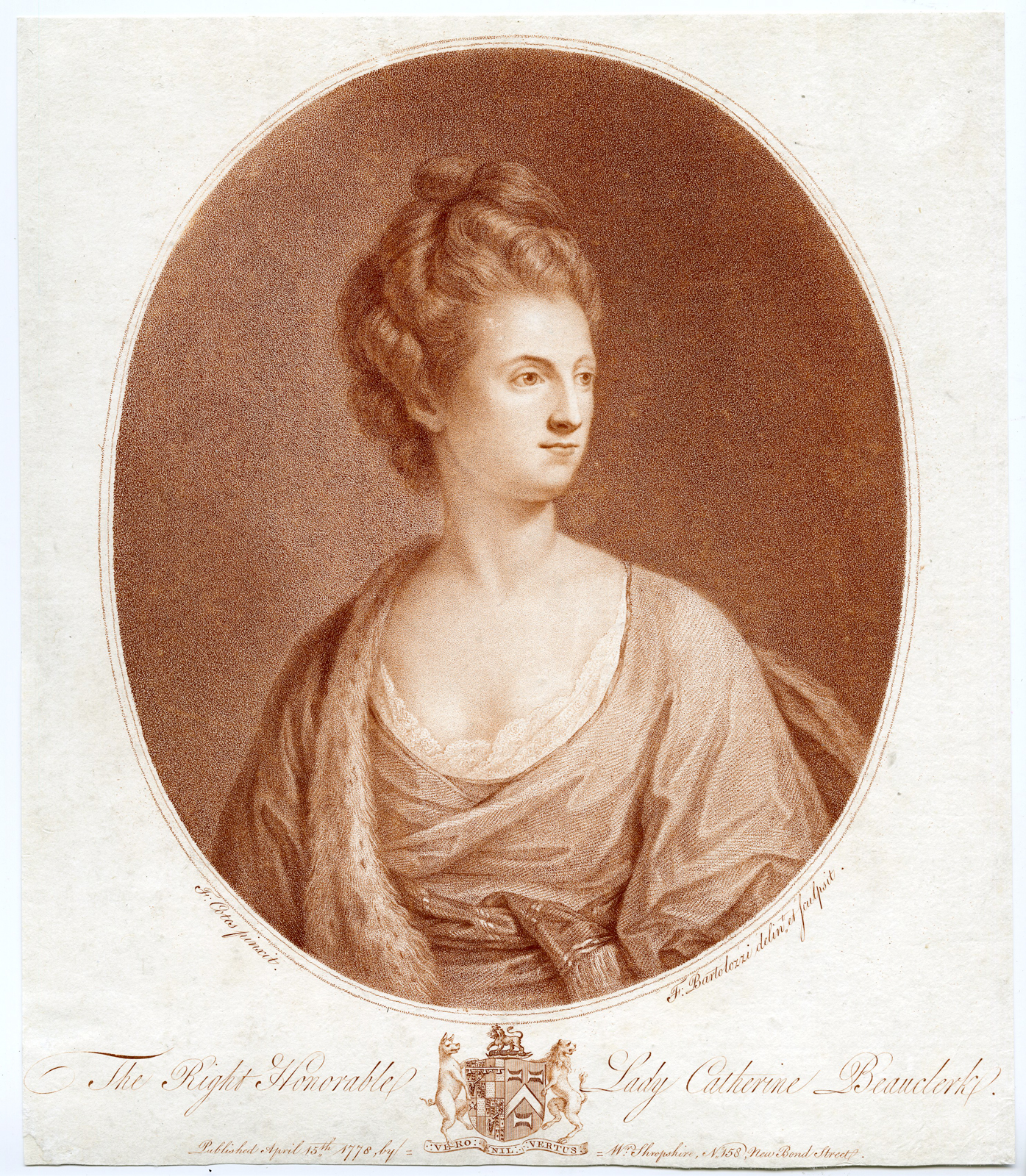 , Antique Print – CATHERINE BEAUCLERK-PORTRAIT-DUCCESS-ST.ALBANS-BARTOLOZZI after COTES – 1778, Pictura Antique Prints