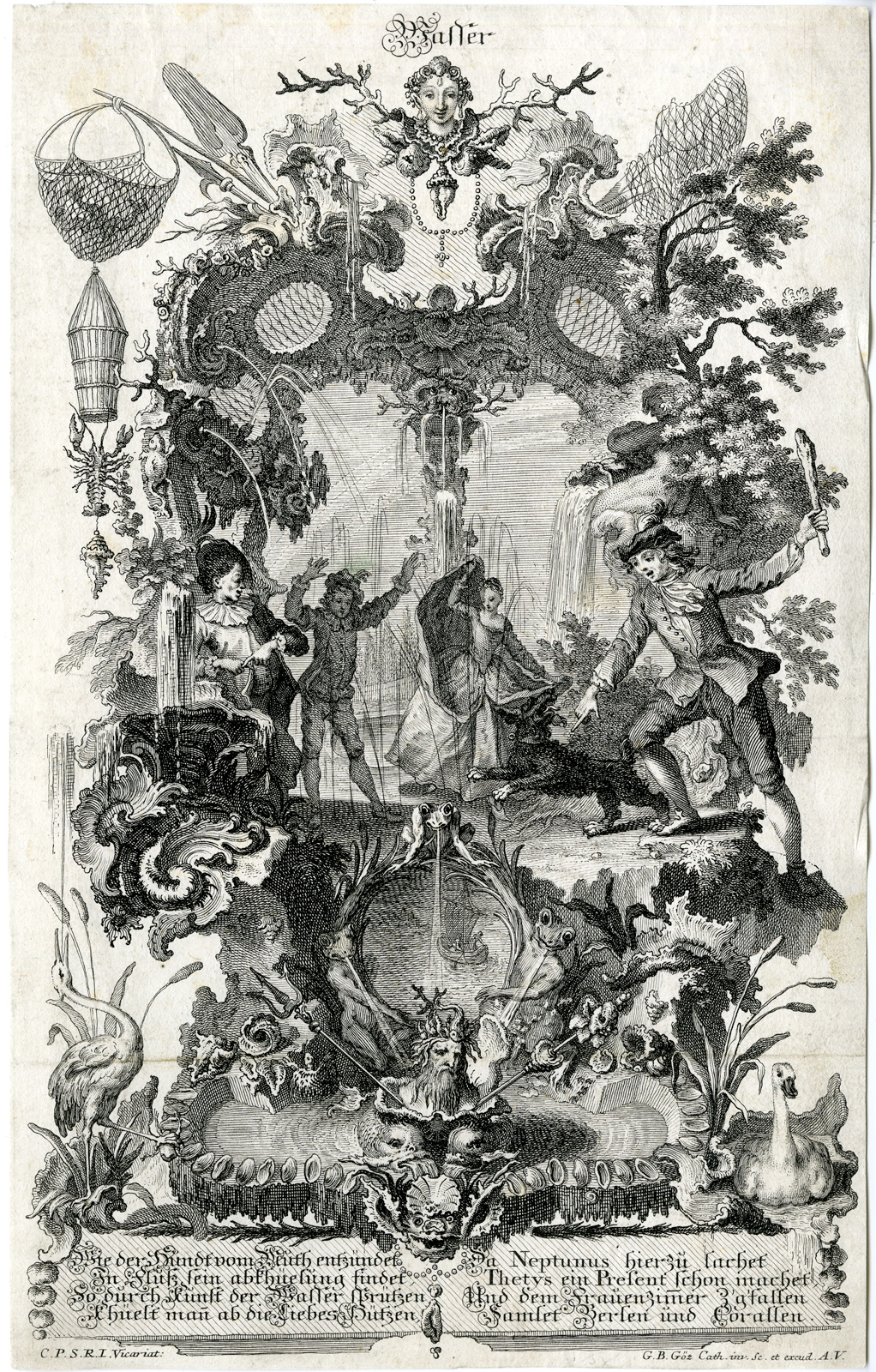 , Antique Print – ALLEGORY-WATER-ROCAILLE-SHELLS-RIVER-GÖZ – 18th.c., Pictura Antique Prints