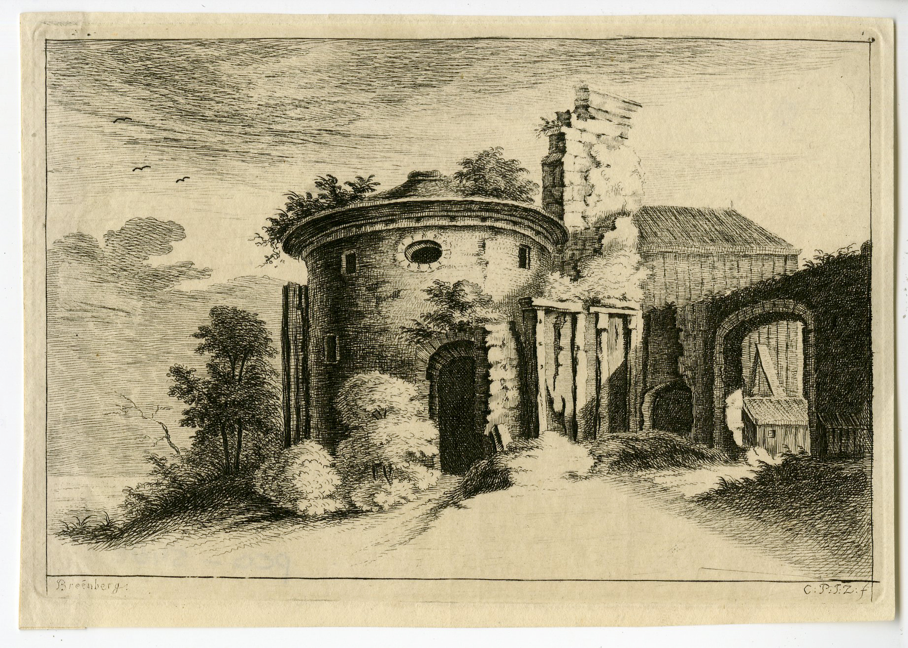 Pco 5482 416x297 Antique Print - LANDSCAPE PRINT-ROMAN TEMPLE-ROMAN-RUIN-PHILIPS after BREENBERGH - 1766