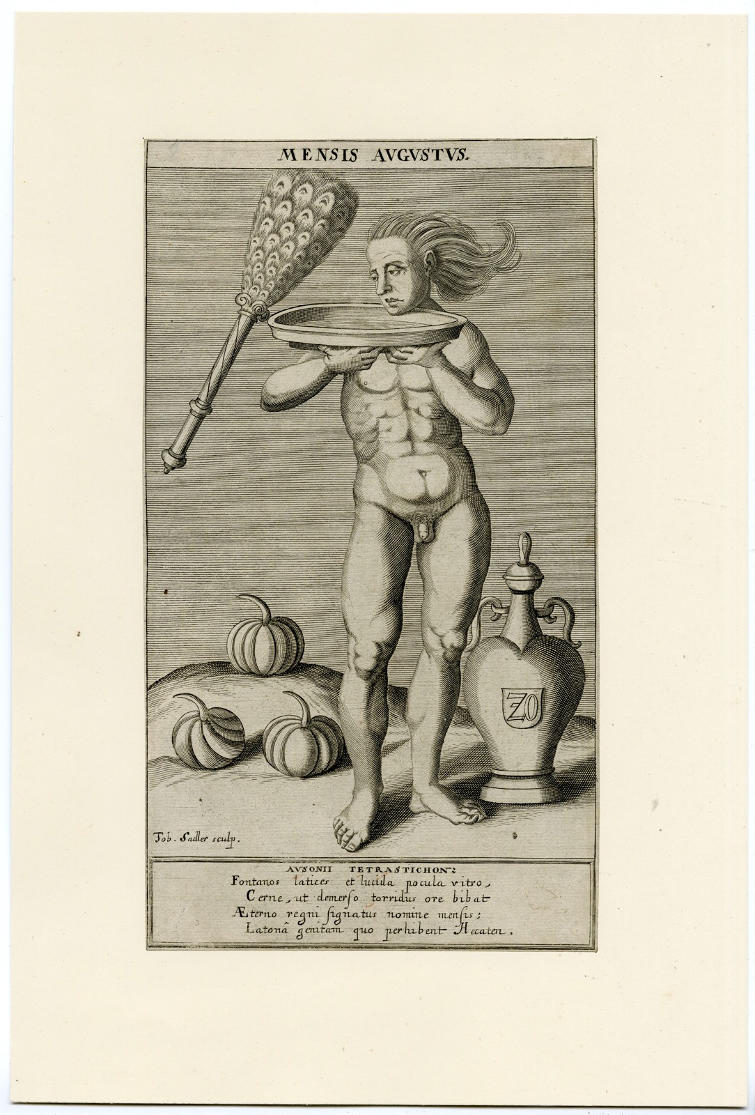 , Antique Print – MONTH OF AUGUSTUS-ALLEGORY-MENSIS-NUDE MAN-SADELER after unknown artist – c.1650, Pictura Antique Prints