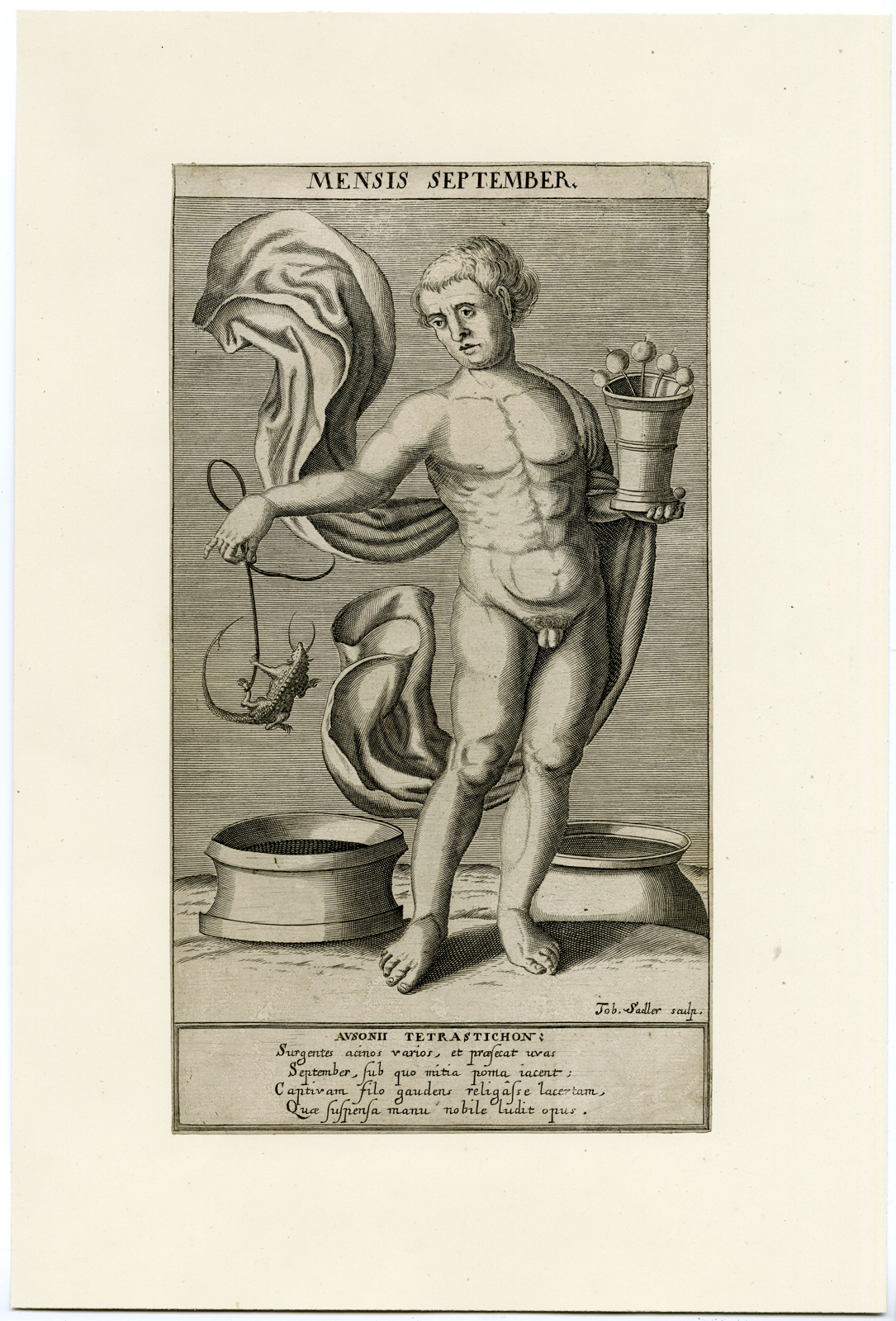 , Antique Print – MONTH OF SEPTEMBER-ALLEGORY-MENSIS-NUDE MAN-SADELER after unknown artist – c.1650, Pictura Antique Prints