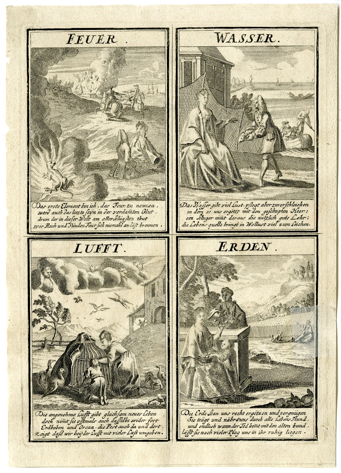 , Antique Print – FIRE-WATER-AIR-EARTH-ELEMENTS-ANONYMOUS – ca.1700, Pictura Antique Prints