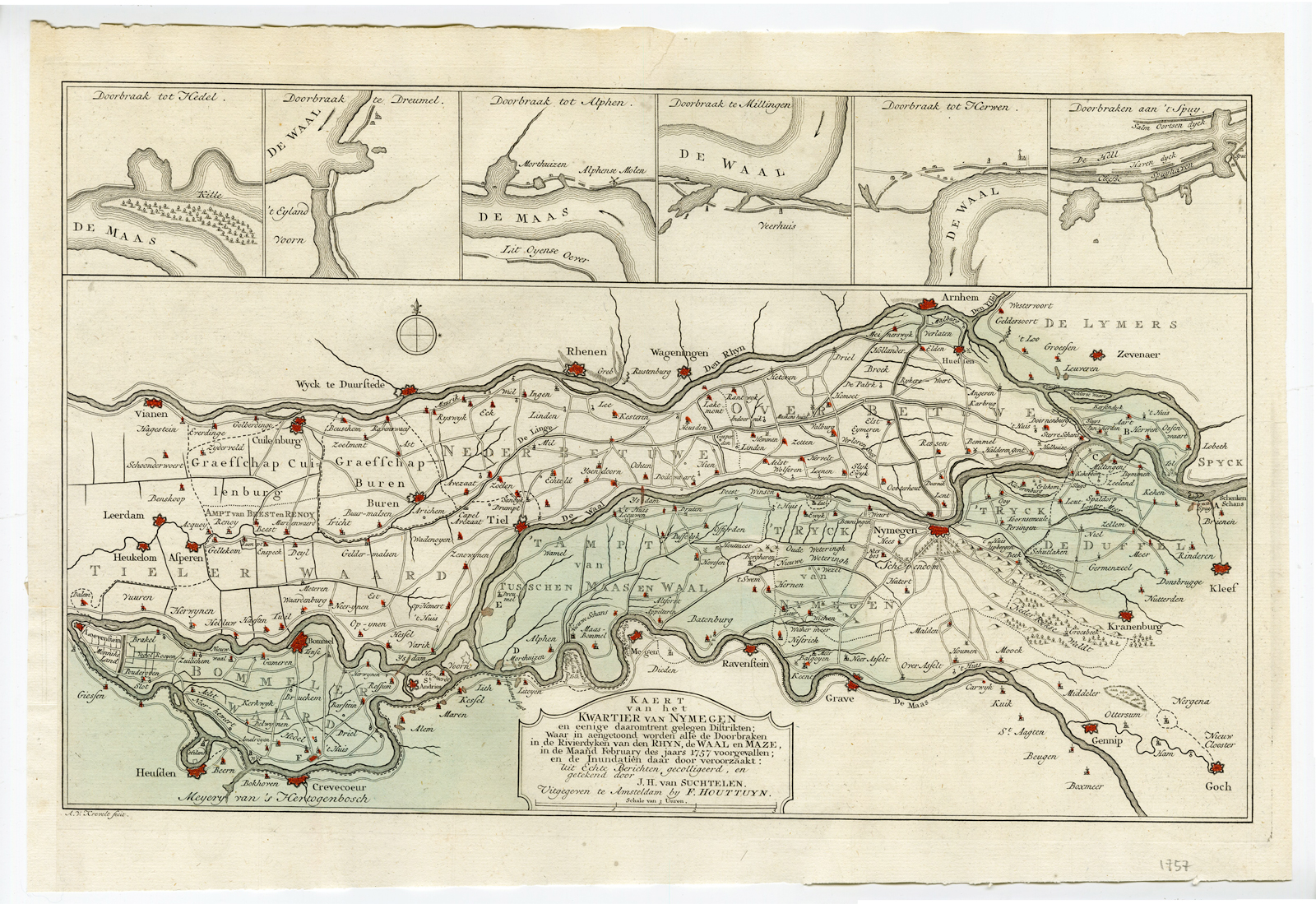 , Rare Antique Map – NIJMEGEN-RIJN-MAAS-WAAL REGION – KREVELT – HOUTTUYN – 1757, Pictura Antique Prints