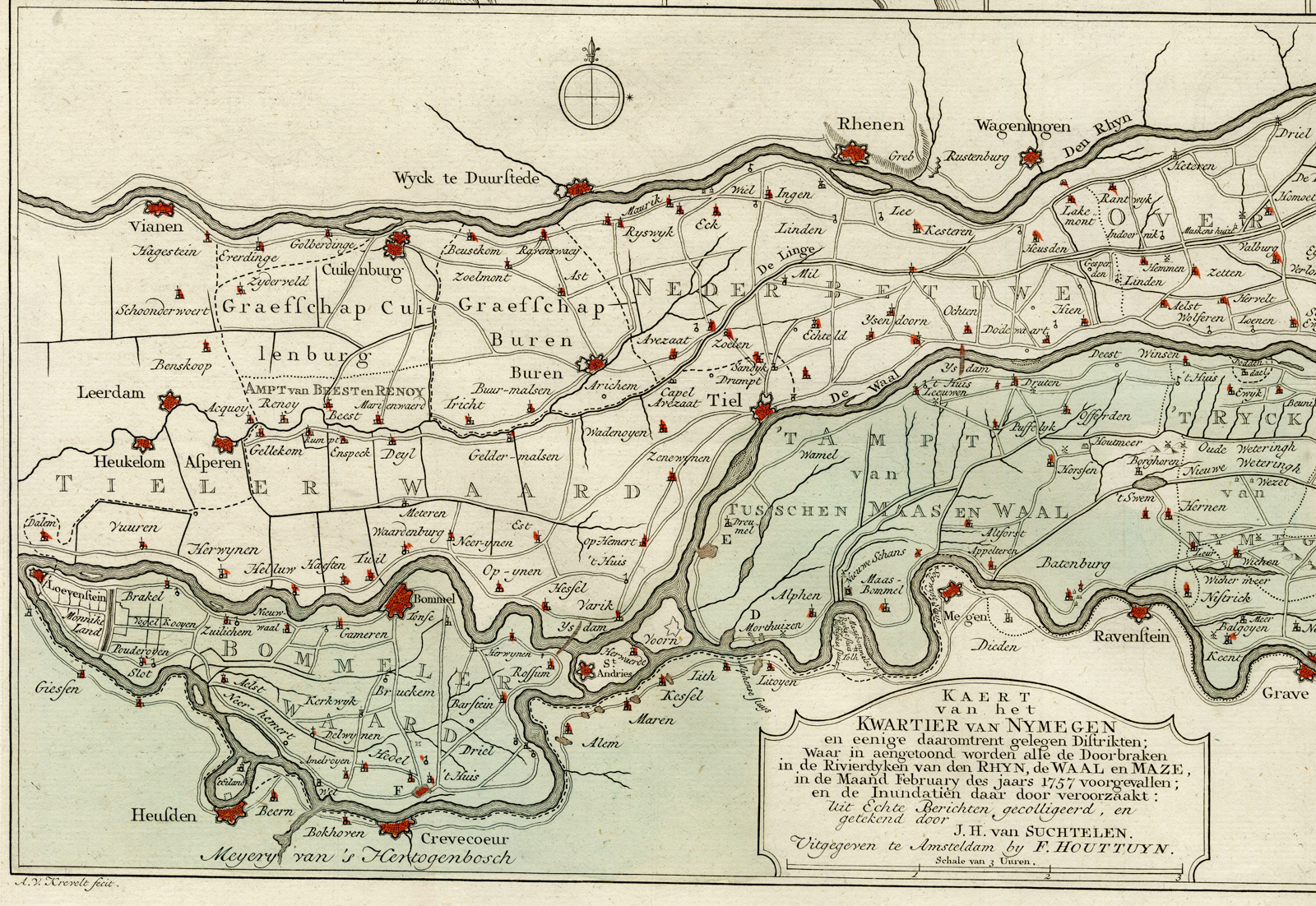 , Rare Antique Map – NIJMEGEN-RIJN-MAAS-WAAL REGION – KREVELT – HOUTTUYN – 1757, Pictura Antique Prints