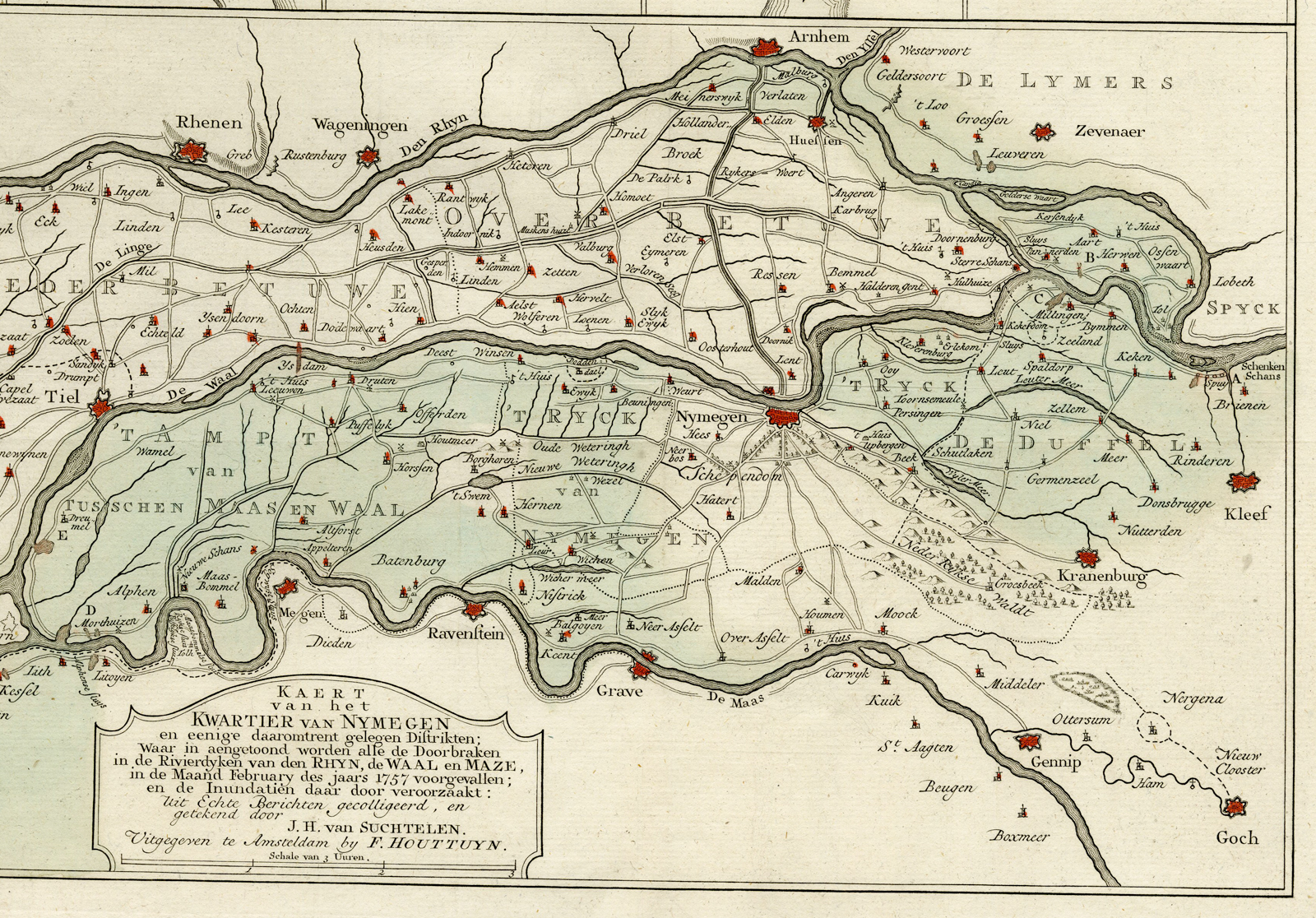, Rare Antique Map – NIJMEGEN-RIJN-MAAS-WAAL REGION – KREVELT – HOUTTUYN – 1757, Pictura Antique Prints