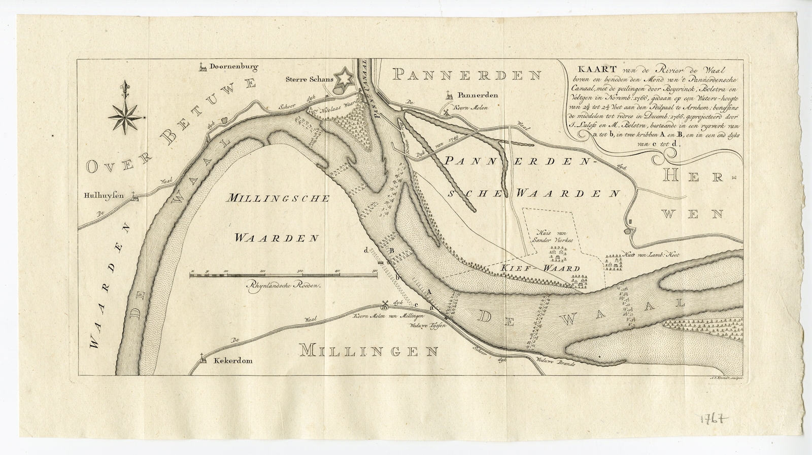 , Rare Antique Map – WAAL RIVER-PANNERDEN-MILLINGEN – KREVELT – HOUTTUYN – 1767, Pictura Antique Prints