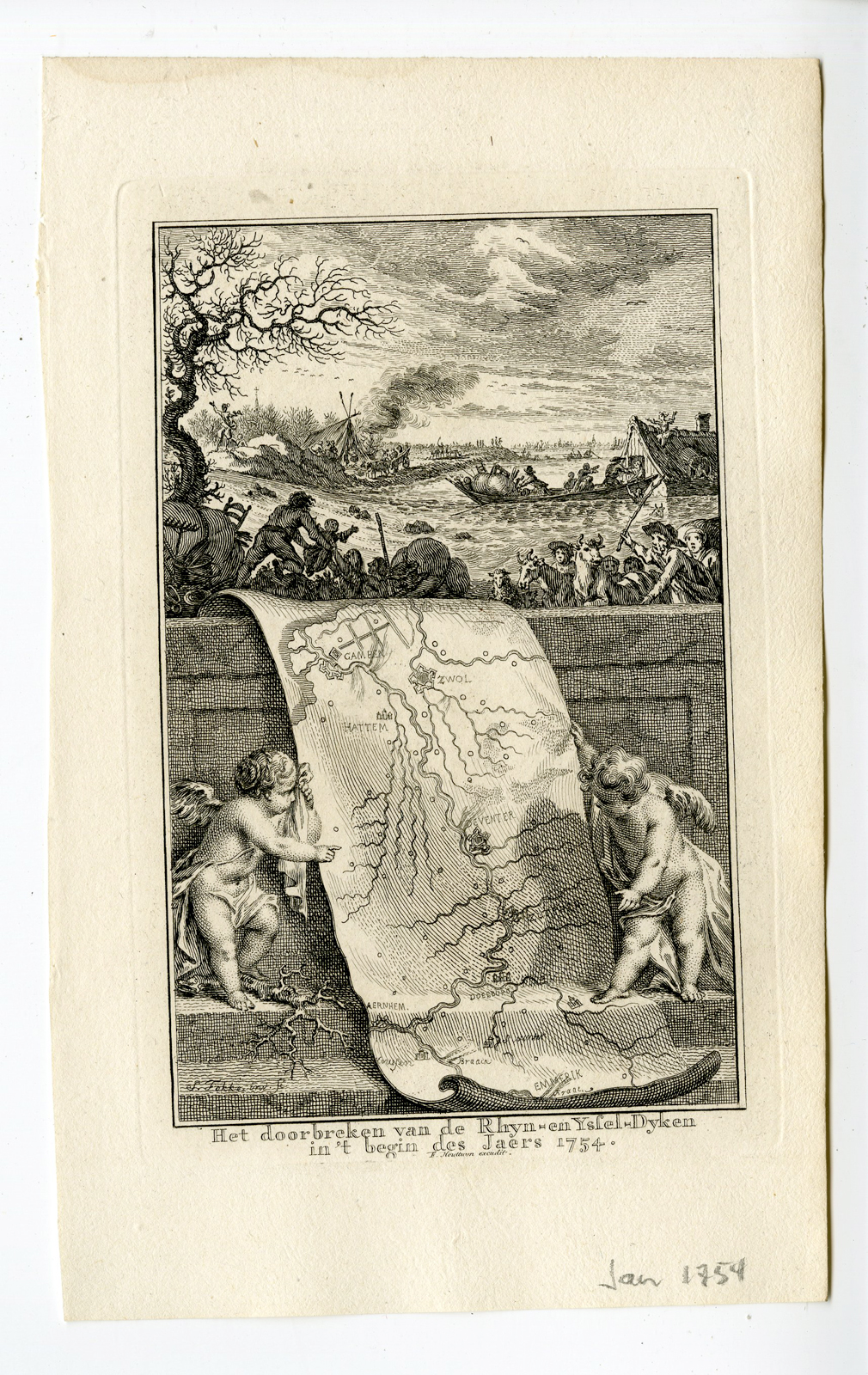 , Rare Antique Print / Map – DIKE BREAK-FLOODING-RIJN-IJSSEL – FOKKE – HOUTTUYN – 1754, Pictura Antique Prints