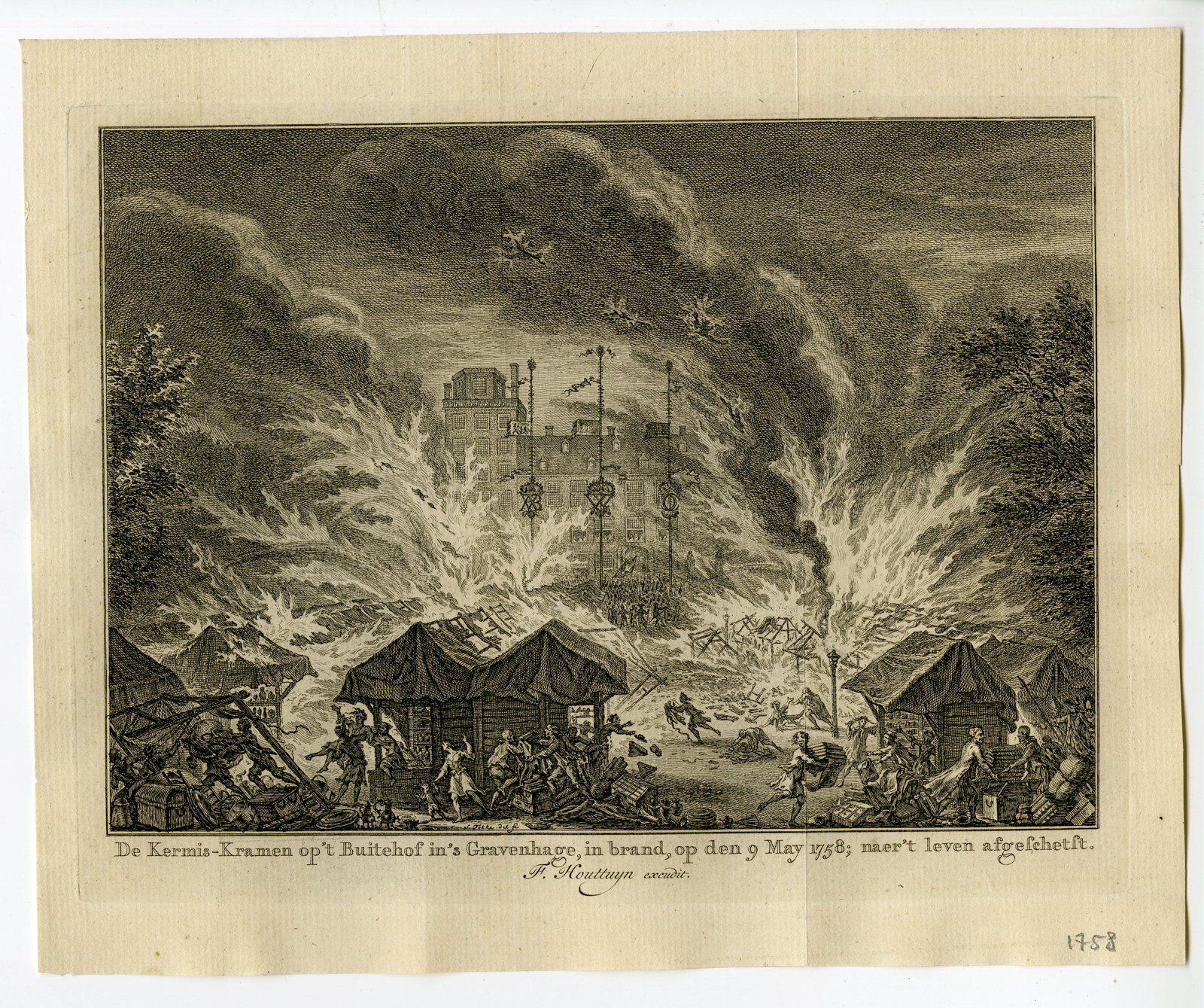 , Rare Antique Print – FIRE-FAIRGROUND-BUITENHOF-THE HAGUE – FOKKE – HOUTTUYN – 1758, Pictura Antique Prints