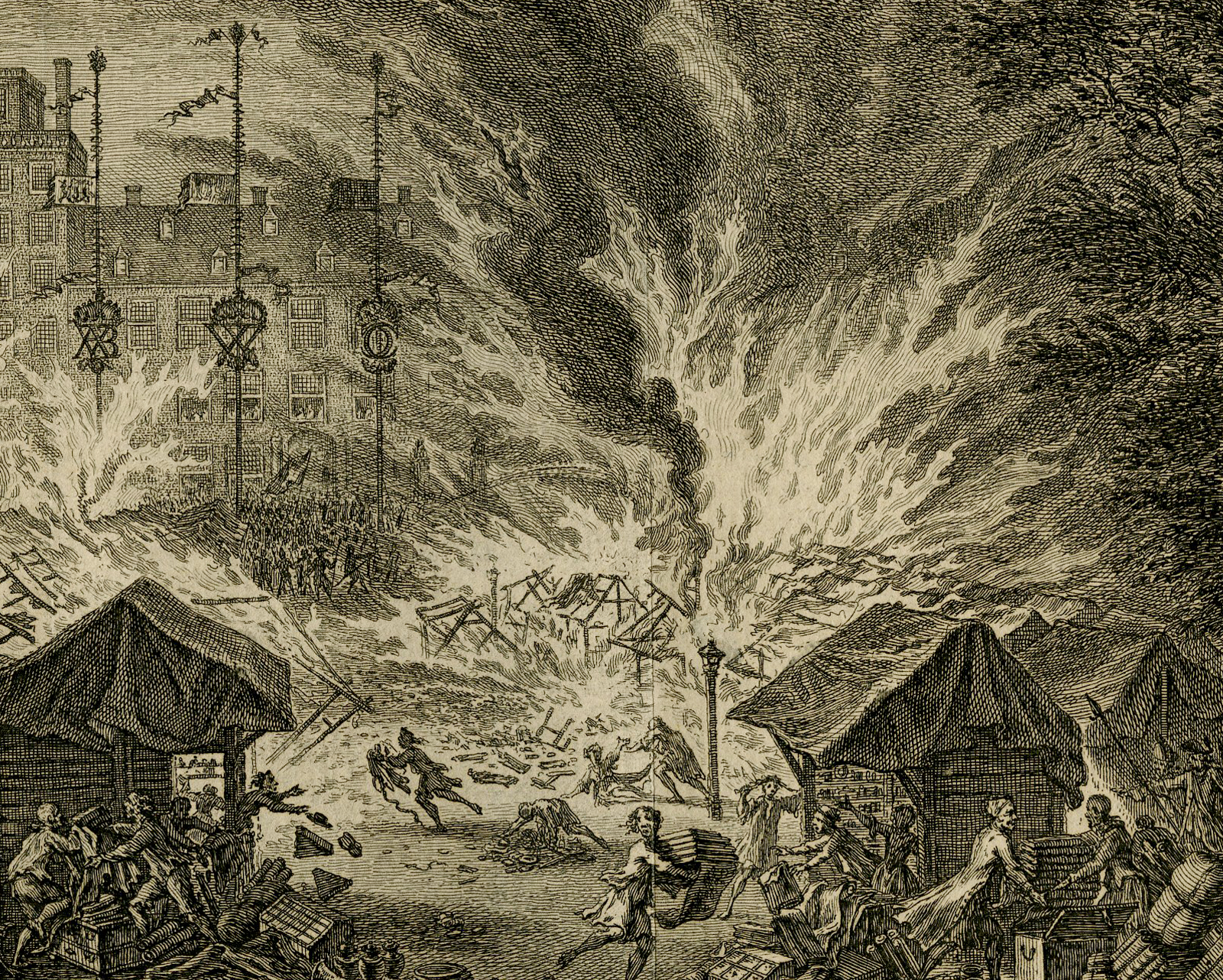 , Rare Antique Print – FIRE-FAIRGROUND-BUITENHOF-THE HAGUE – FOKKE – HOUTTUYN – 1758, Pictura Antique Prints