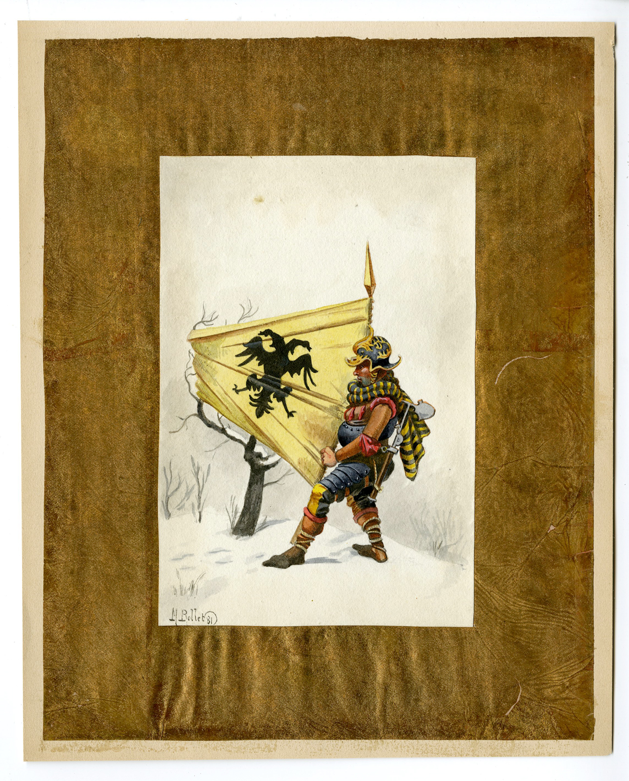 , Antique Drawing – KNIGHT IN ARMOR-BANNER-ROLLET DE L’ISLE – 1881, Pictura Antique Prints