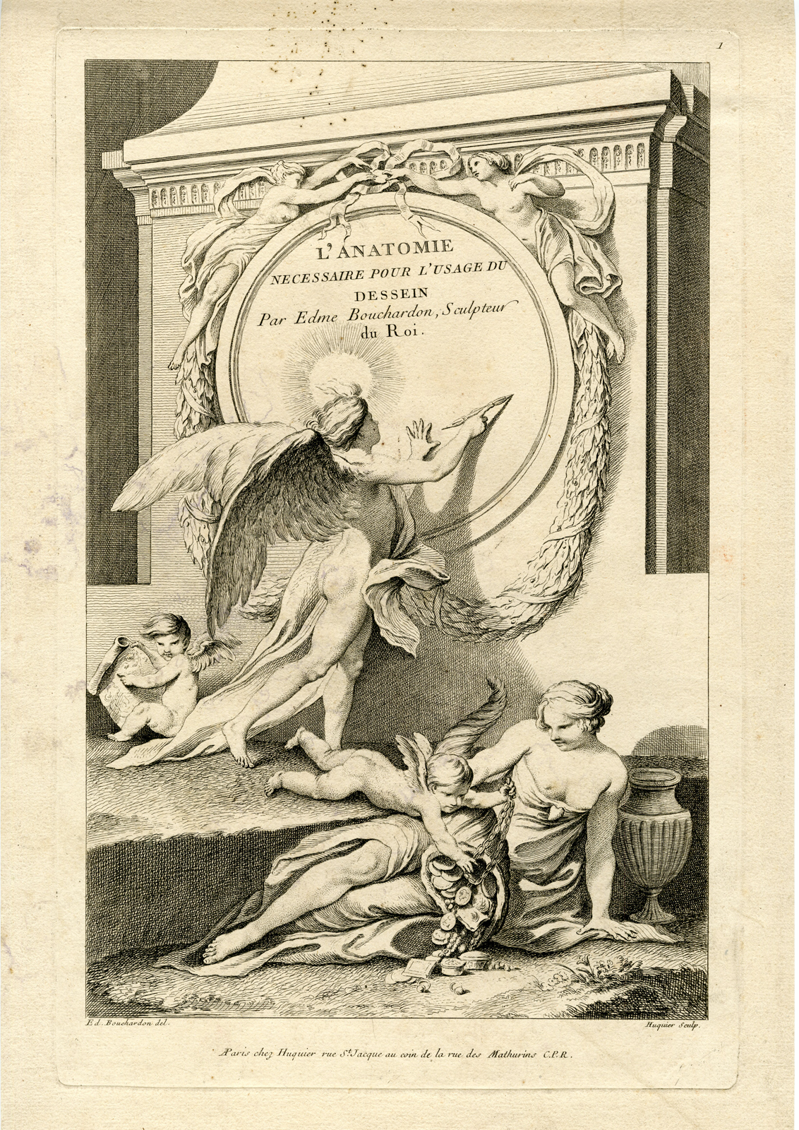 , Antique Print – TITLE ENGRAVING-DRAWING SCHOOL-HUQUIER after BOUCHARDON – 1741, Pictura Antique Prints