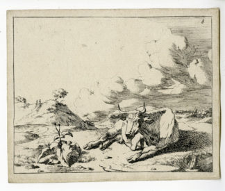 Antique Print - RESTING COW IN LANDSCAPE-DE BYE after POTTER - 1657