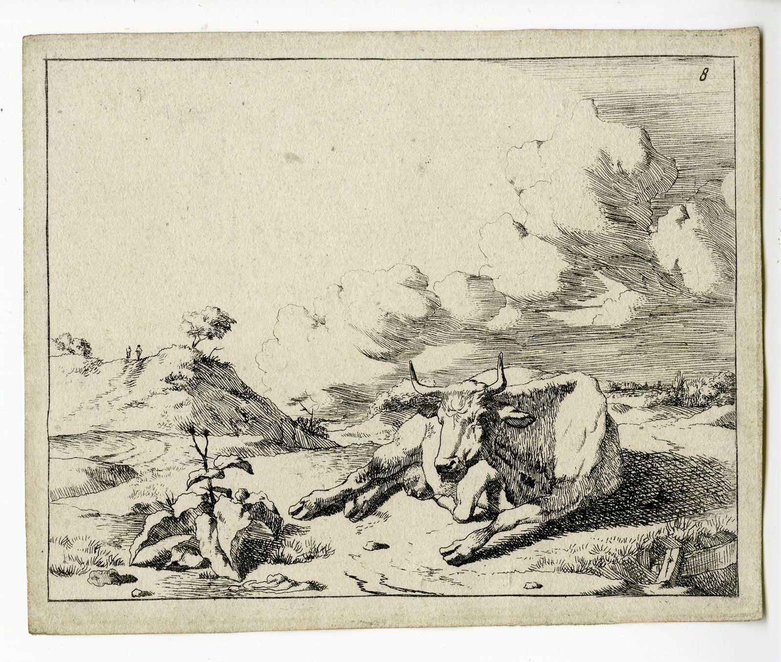 , Antique Print – RESTING COW IN LANDSCAPE-DE BYE after POTTER – 1657, Pictura Antique Prints