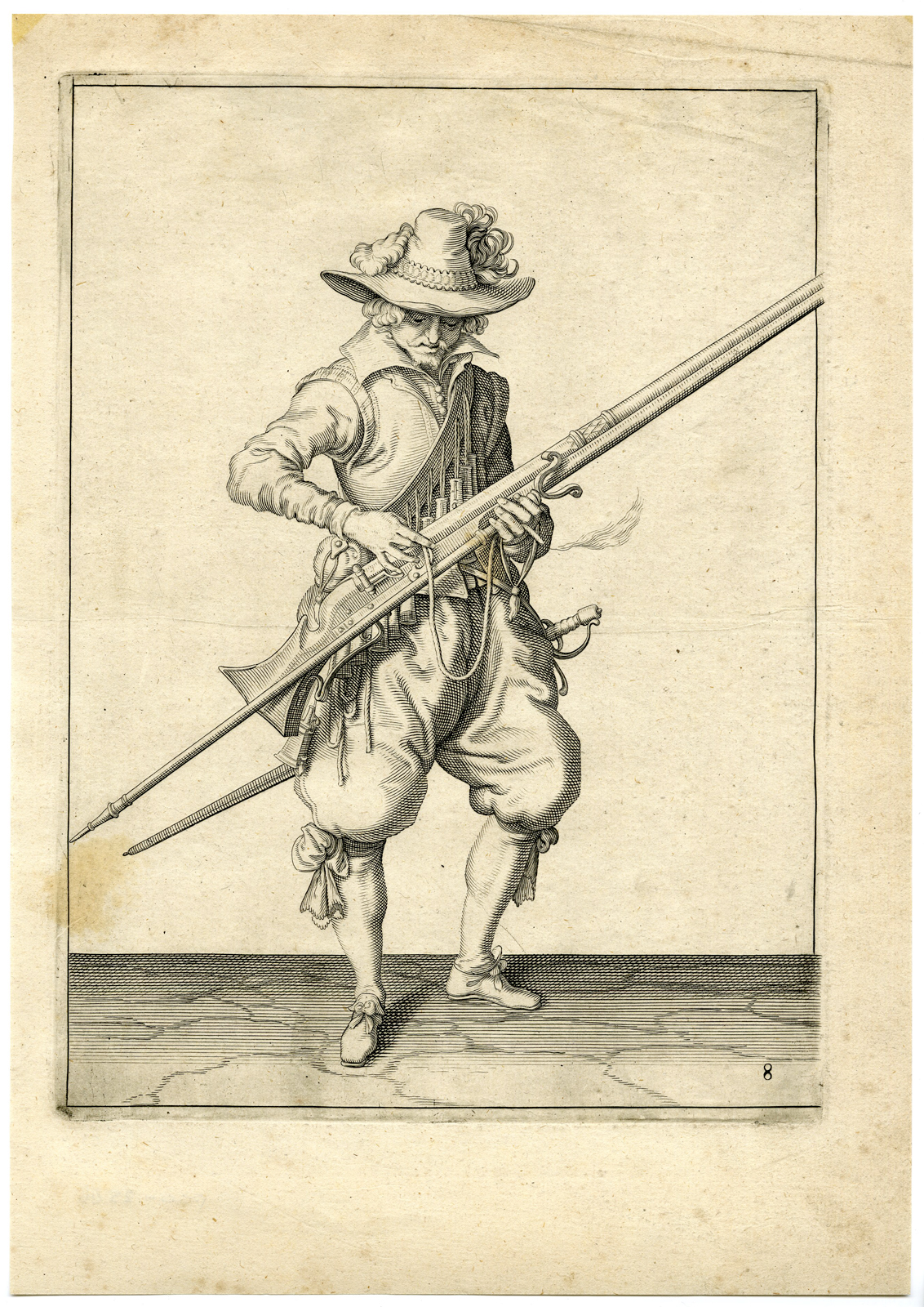 , Antique Print – MILITARY-MUSKETEER-MUSKET-GUN-RIFFLE-PL.8-DE GHEYN after own design – 1608, Pictura Antique Prints