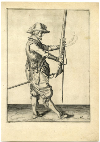Antique Print - MILITARY-MUSKETEER-MUSKET-GUN-RIFFLE-PL.21-DE GHEYN after own design - 1608