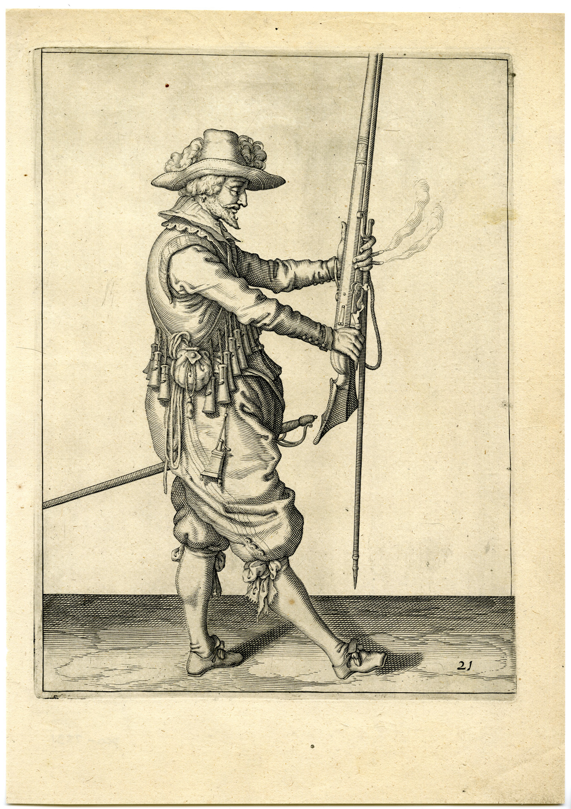, Antique Print – MILITARY-MUSKETEER-MUSKET-GUN-RIFFLE-PL.21-DE GHEYN after own design – 1608, Pictura Antique Prints