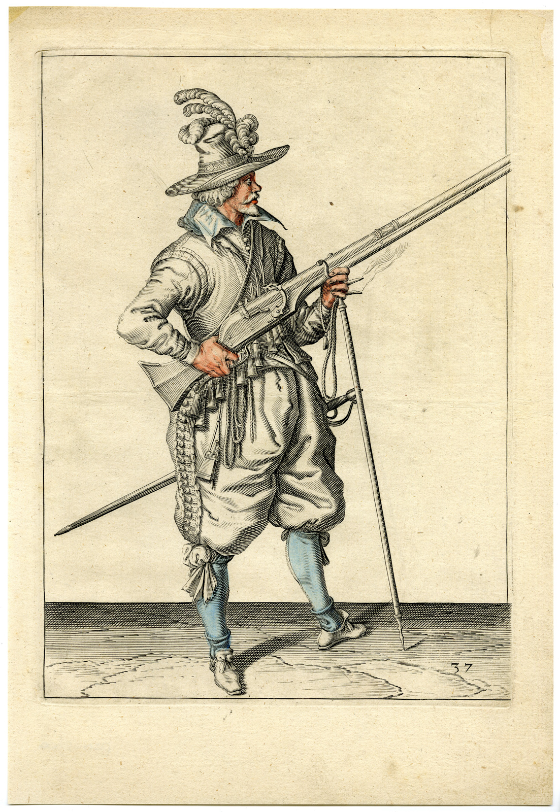 , Antique Print – MILITARY-MUSKETEER-MUSKET-GUN-RIFFLE-PL.37-DE GHEYN after own design – 1608, Pictura Antique Prints
