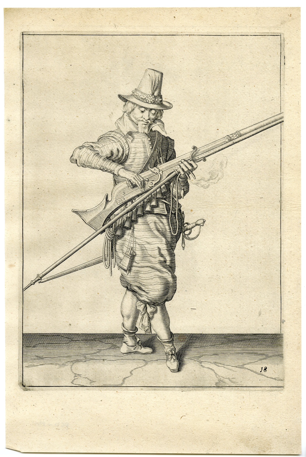 , Antique Print – MILITARY-MUSKETEER-MUSKET-GUN-RIFFLE-PL.18-DE GHEYN after own design – 1608, Pictura Antique Prints