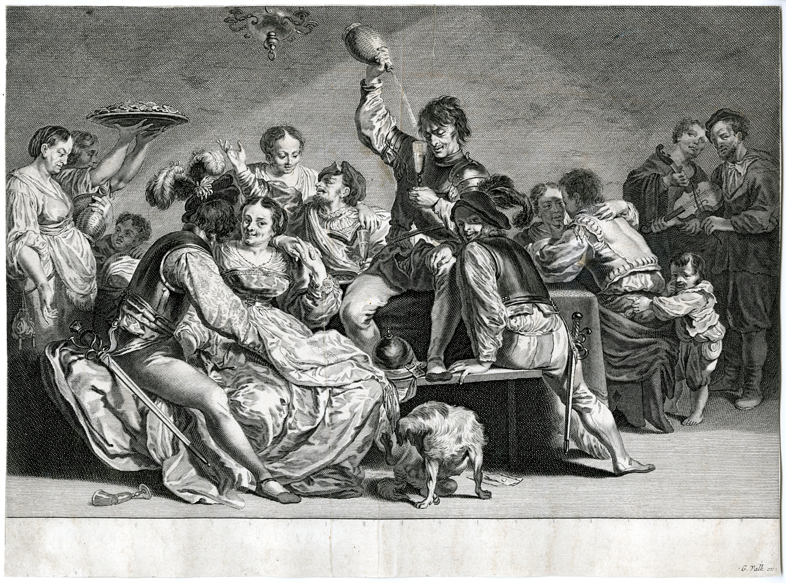 , Antique Print – BROTHEL-LOST SON-PARTY-MUSIC-FALCK after LISS – c.1650, Pictura Antique Prints