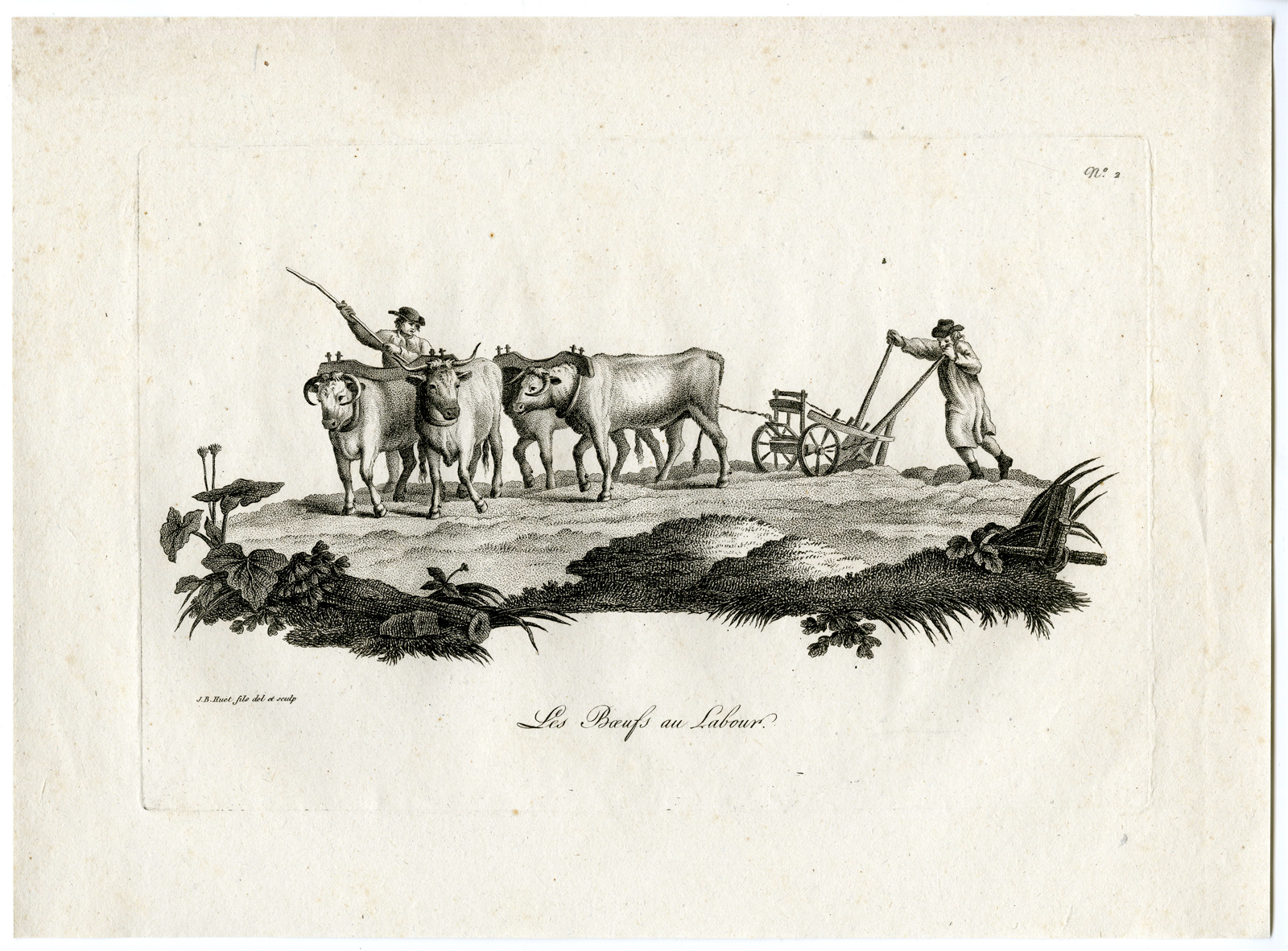 , Antique Print – FARMERS PLOUGHING A FIELD-CATTLE-HUET after own design – c.1790, Pictura Antique Prints