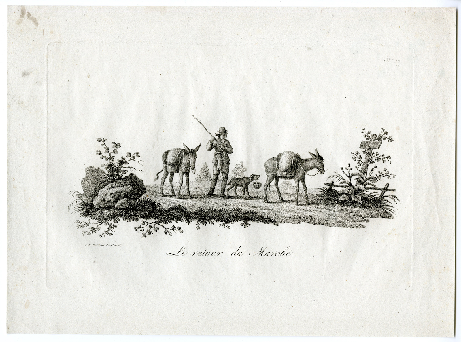 , Antique Print – FARMER RETURNING FROM MARKET-DOG-DONKEYS-HUET after own design – c.1790, Pictura Antique Prints