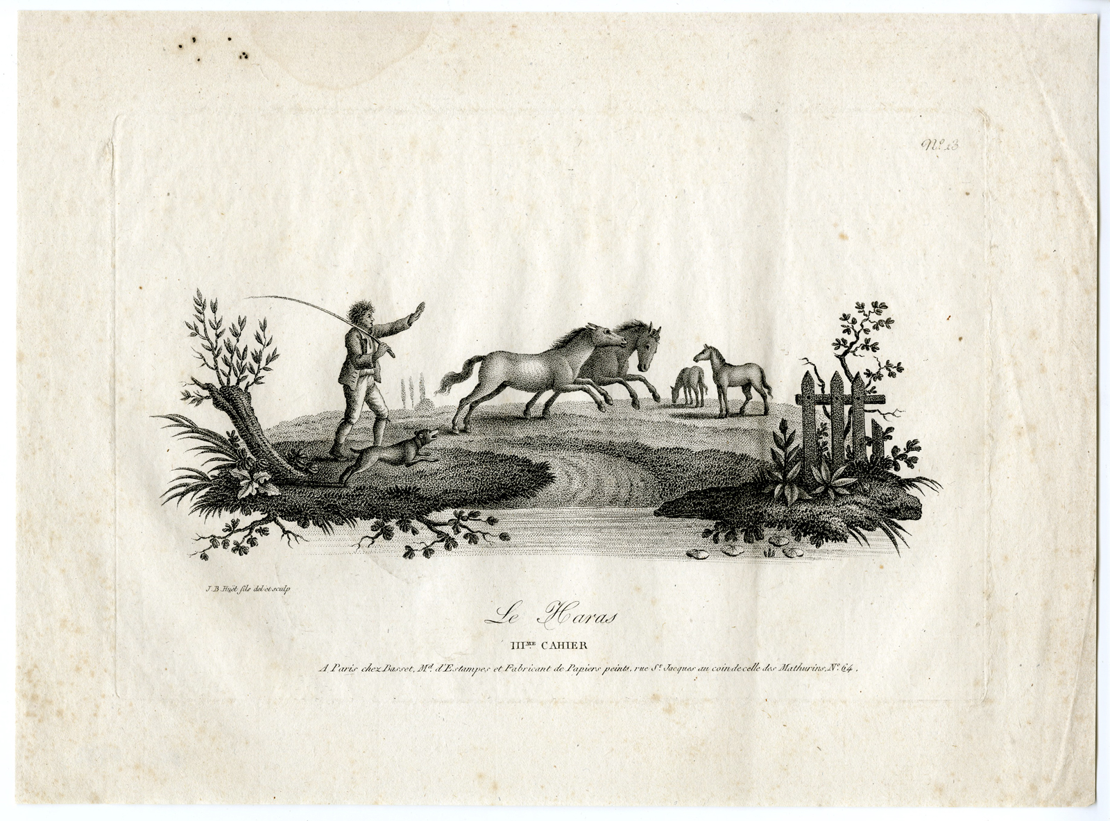 , Antique Print – HORSES-SUD AND MARE IN A FIELD-LANDSCAPE-HUET after own design – c.1790, Pictura Antique Prints
