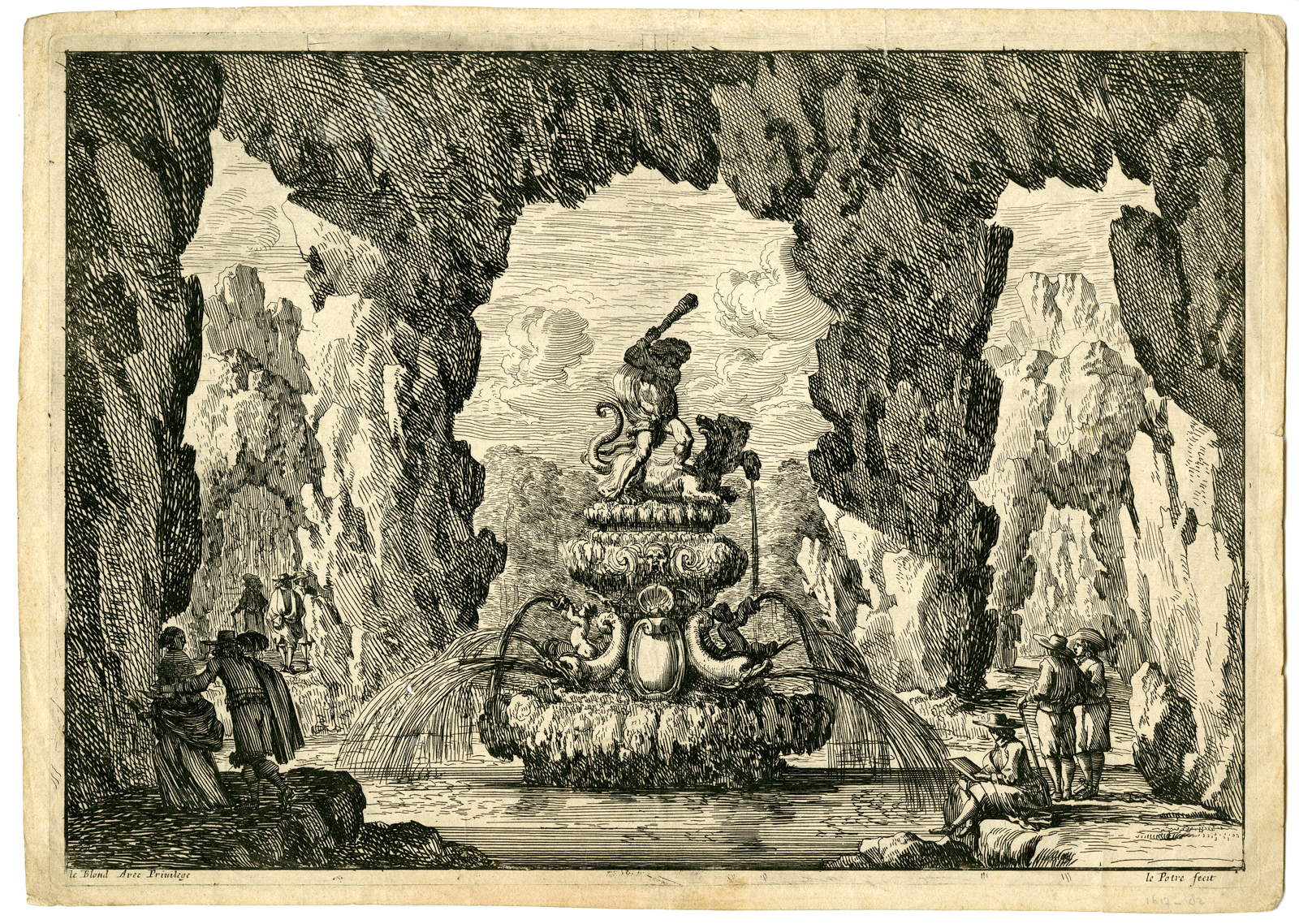 , Antique Print – FOUNTAIN DESIGN-HERCULES-CAVE-LEPAUTRE after own design – c.1650, Pictura Antique Prints