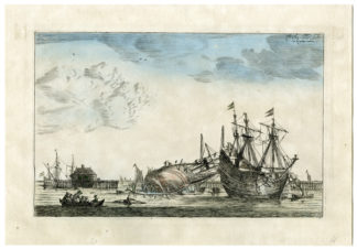 Antique Print - REPAIRING-WATERPROOFING HULL-SHIP-NOOMS-ZEEMAN after own design - c.1650