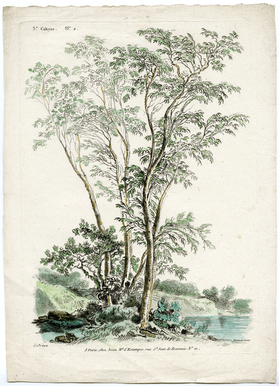 , Antique Print – LANDSCAPE-DESIGN-TREE-CRAYON-P.2-DEMARTEAU after LE PRINCE – c.1750, Pictura Antique Prints