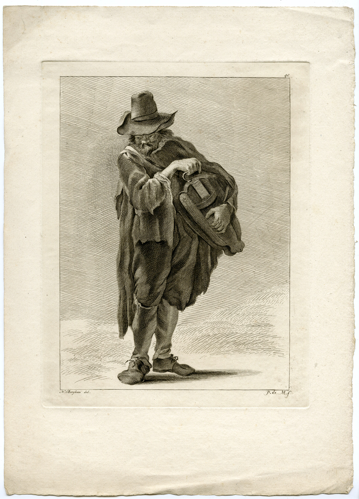 , Antique Print – HURDY GURDY-MAN-MUSICIAN-MARE after BERGHEM –, Pictura Antique Prints