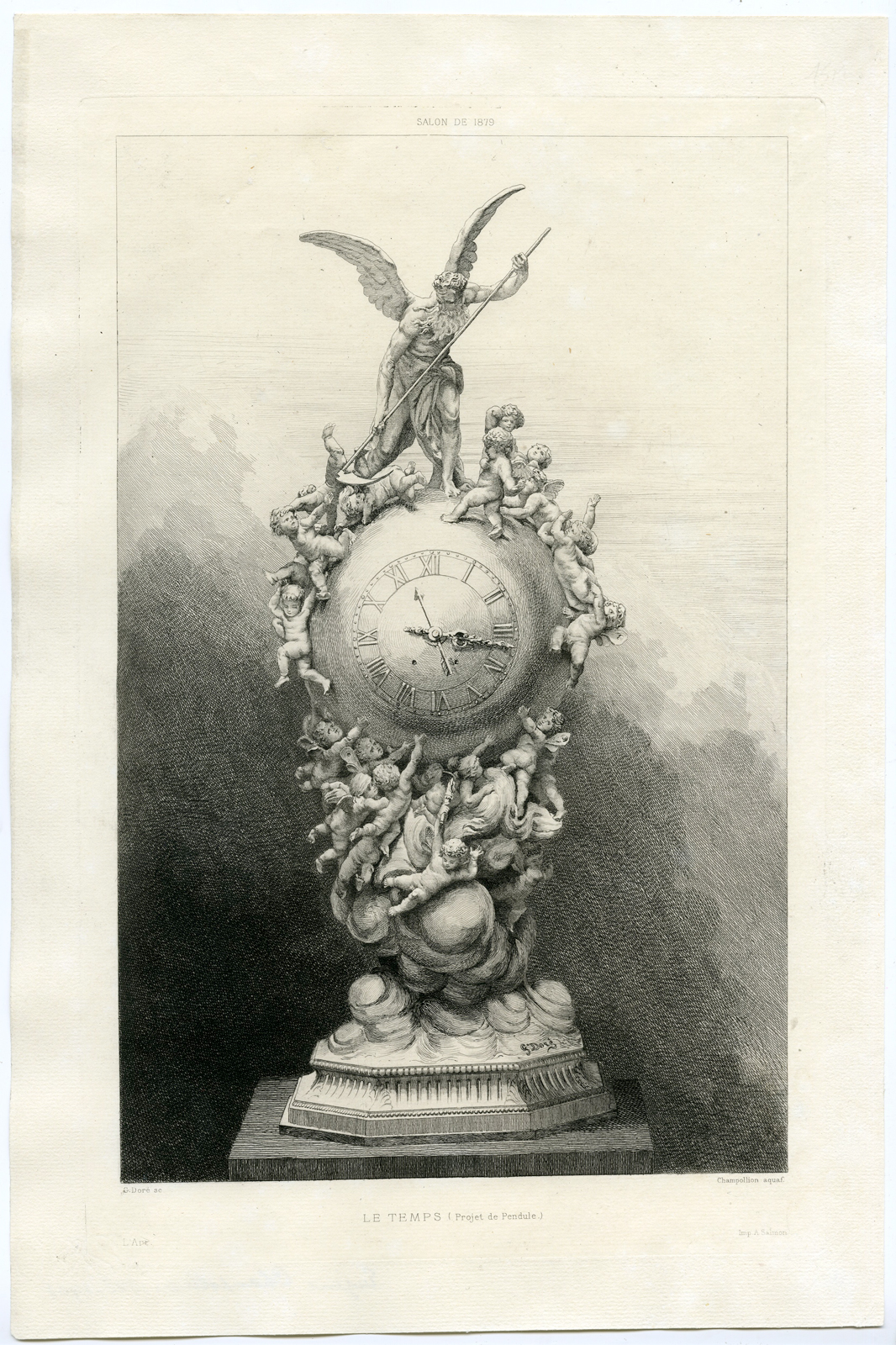 , Antique Print – PENDULUM-CLOCK-TIME-ANGELS-PUTTI-CHAMPOLLION after DORE – 1879, Pictura Antique Prints