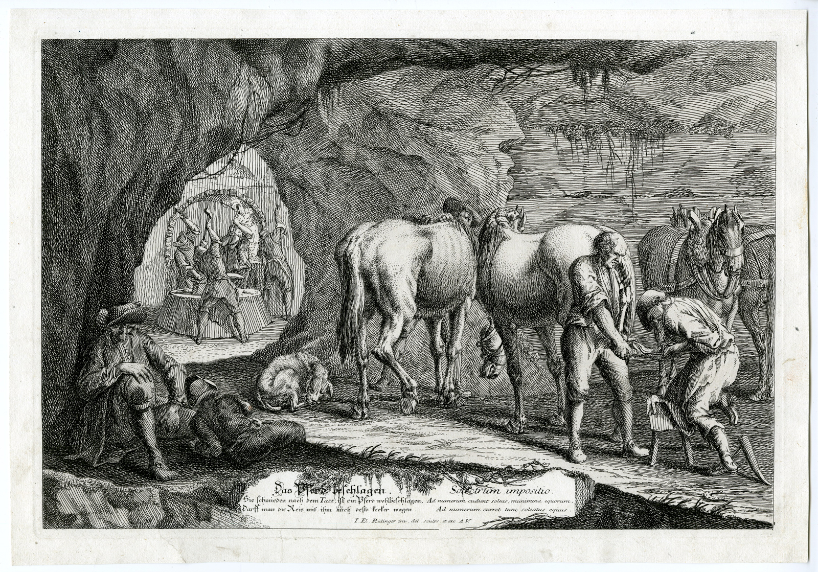 , Antique Print – HOOFSMIT-SHOEING A HORSE-WORKSHOP-RIDINGER after own design – c.1730, Pictura Antique Prints