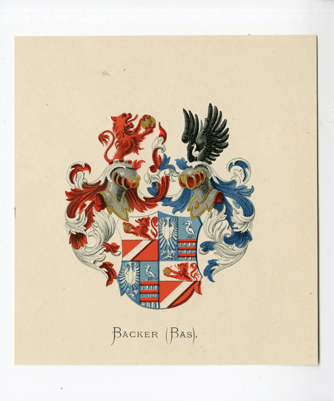, Antique Print – BACKER (BAS)-COAT OF ARMS-FAMILY CREST-WENNING after VORSTERMAN – 1885, Pictura Antique Prints