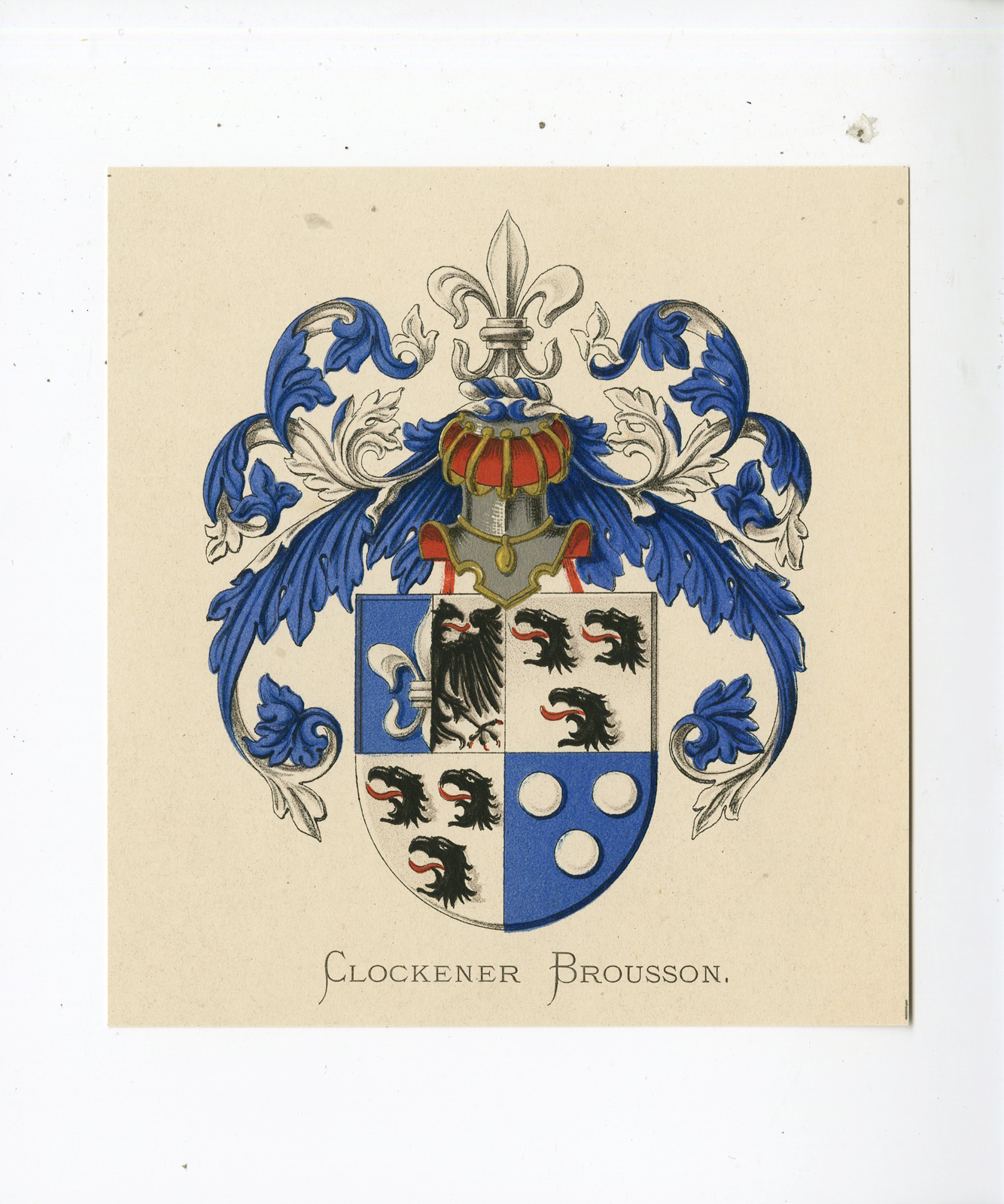 , Antique Print – CLOCKENER BROUSSON-COAT OF ARMS-FAMILY CREST-WENNING after VORSTERMAN – 1885, Pictura Antique Prints