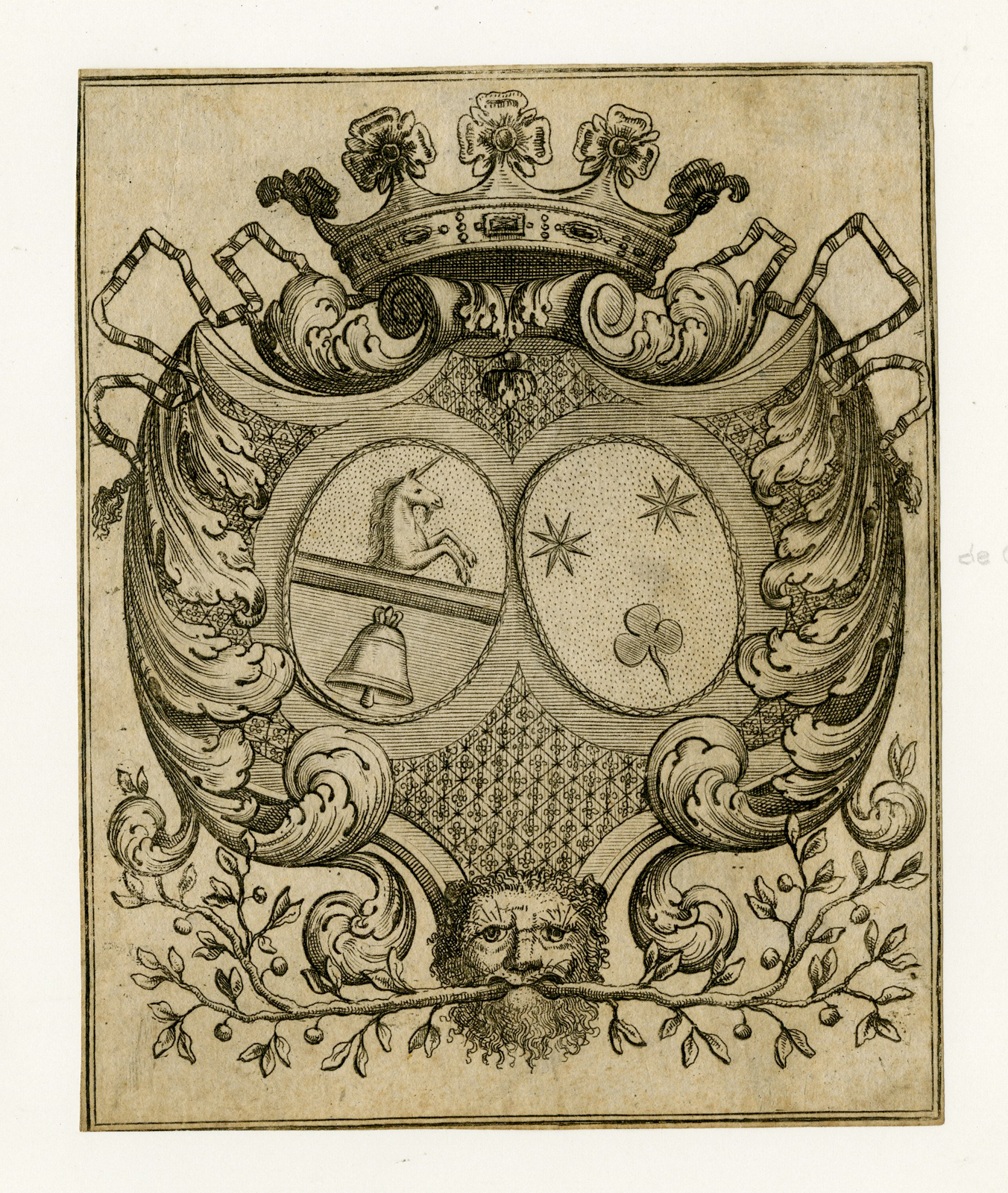 , Antique Print – COAT OF ARMS-UNICORN-CLOVER-STAR-BELL-ANONYMOUS – c.1700, Pictura Antique Prints