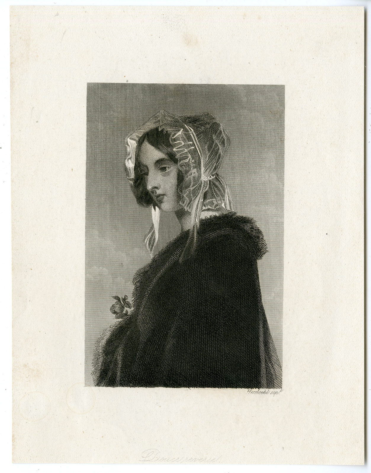 , Antique Print – LADY W/ LACE CAP-HESSLOEHL after UNKNOWN – ca.1830, Pictura Antique Prints