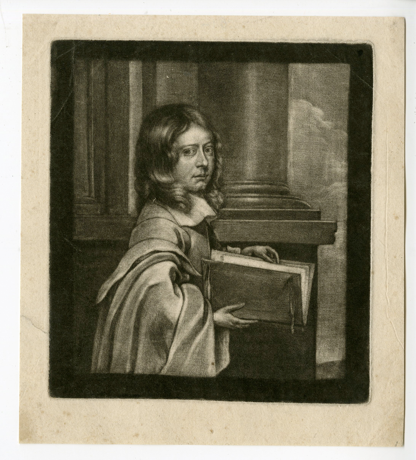 , Antique Print – BOY WITH PORTFOLIO-VAILLANT after own design – c.1670, Pictura Antique Prints
