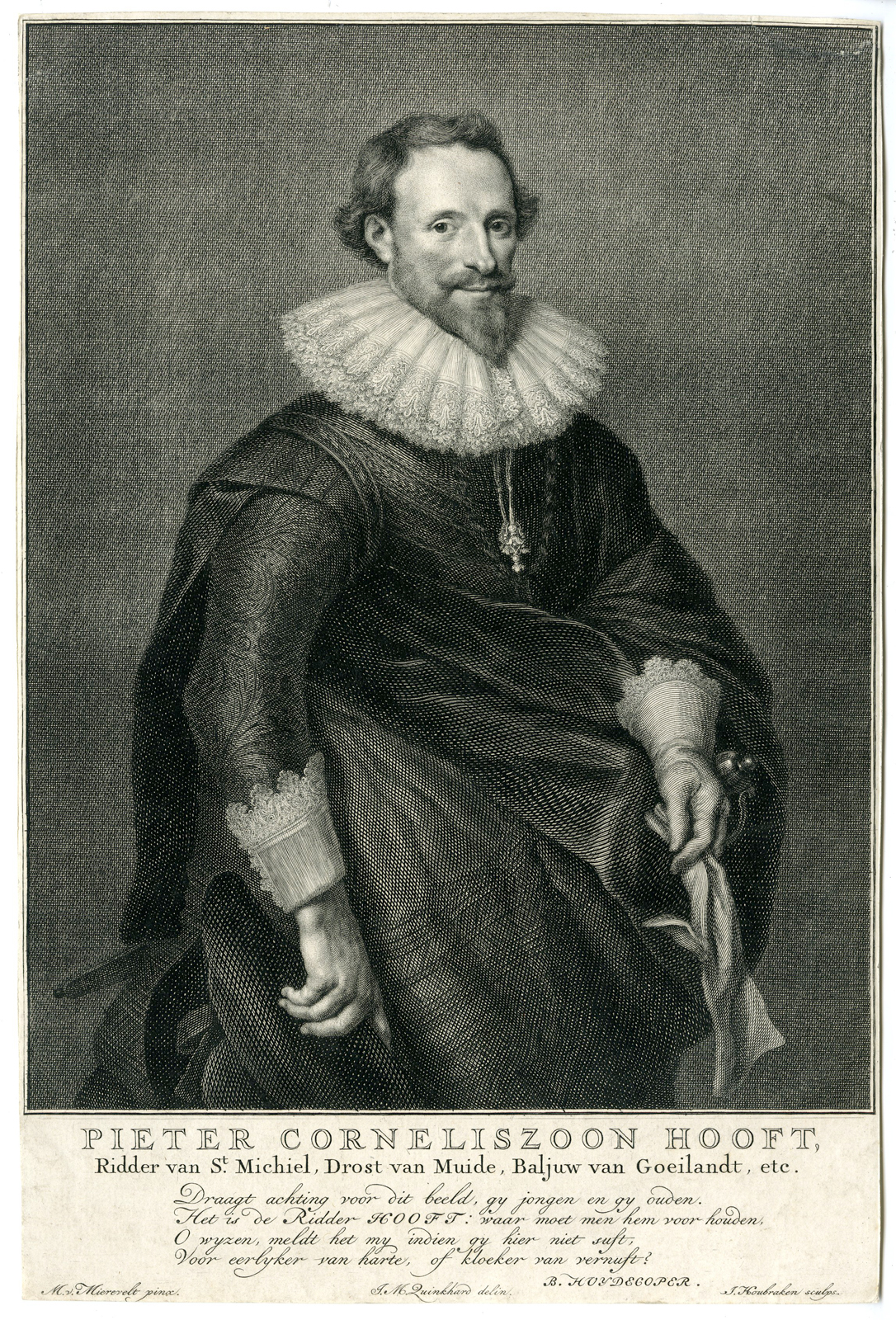 , Antique Print – PIETER CORNELISZOON HOOFT-PORTRAIT-HOUBRAKEN after MIEREVELT – 1750, Pictura Antique Prints