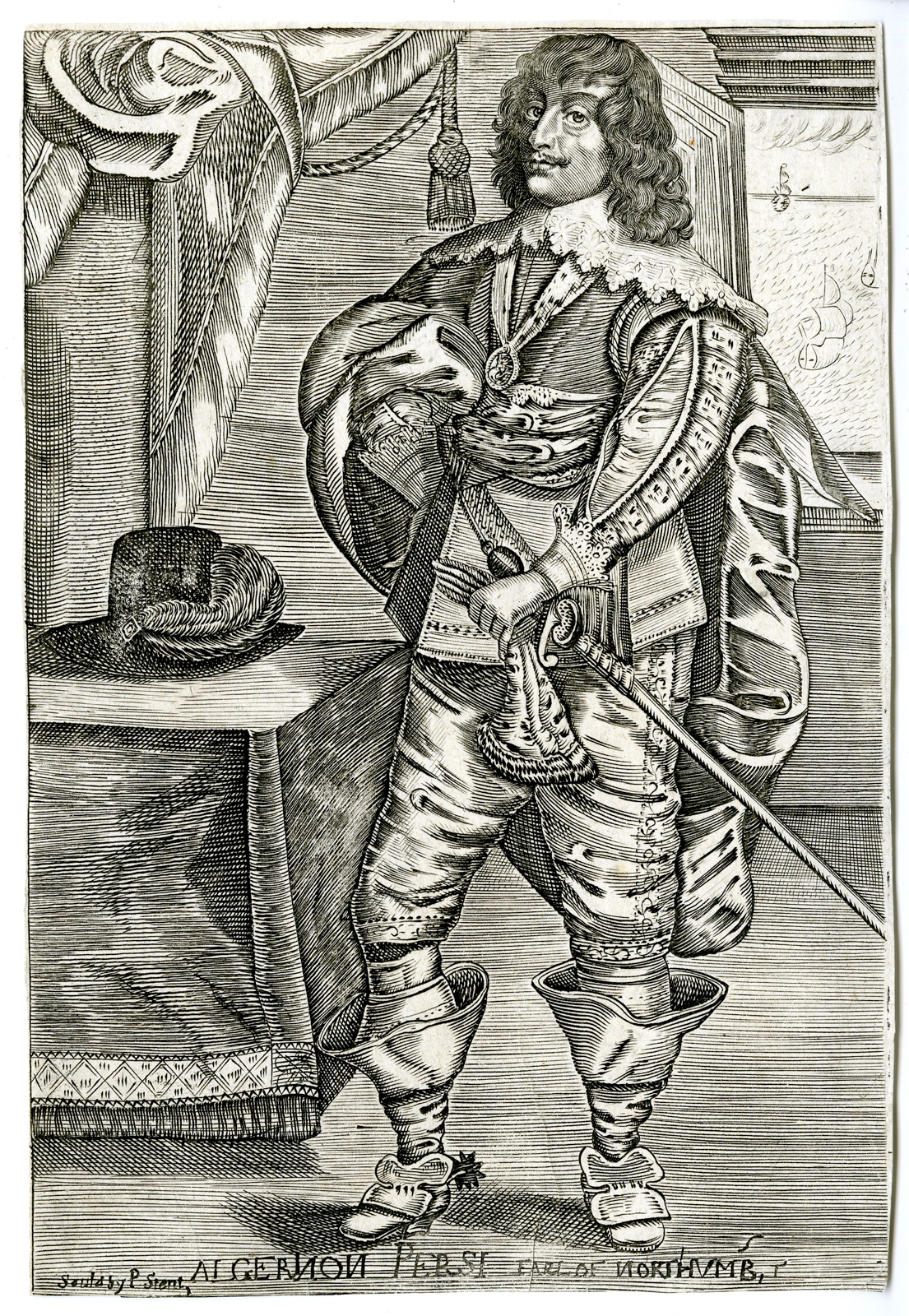 , Antique Print – ALGERNON PERCY-EARL OF NORTHUMBERLAND-PORTRAIT-STENT – c.1650, Pictura Antique Prints