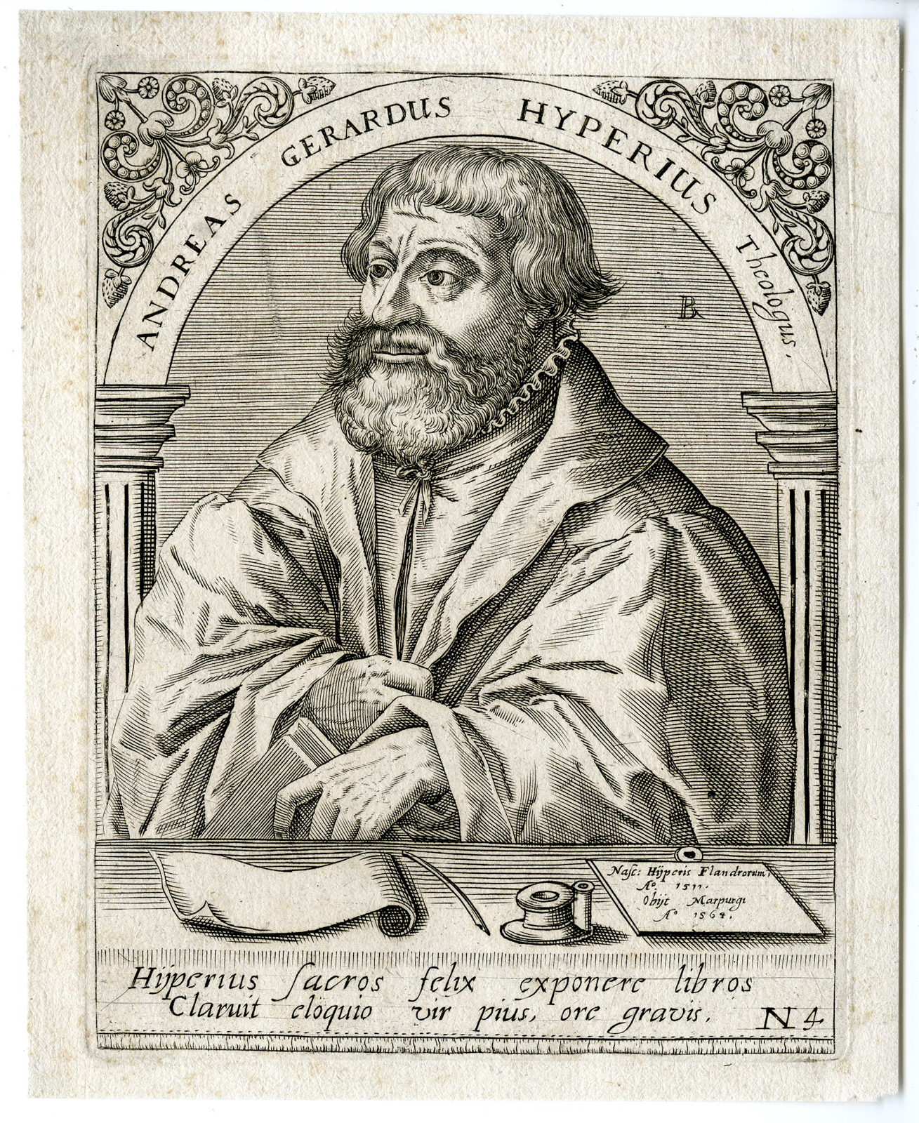, Antique Print – ANDREAS GERHARD HYPERIUS-THEOLOGIAN-PORTRAIT-DE BRY after unknown artist – c.1600, Pictura Antique Prints
