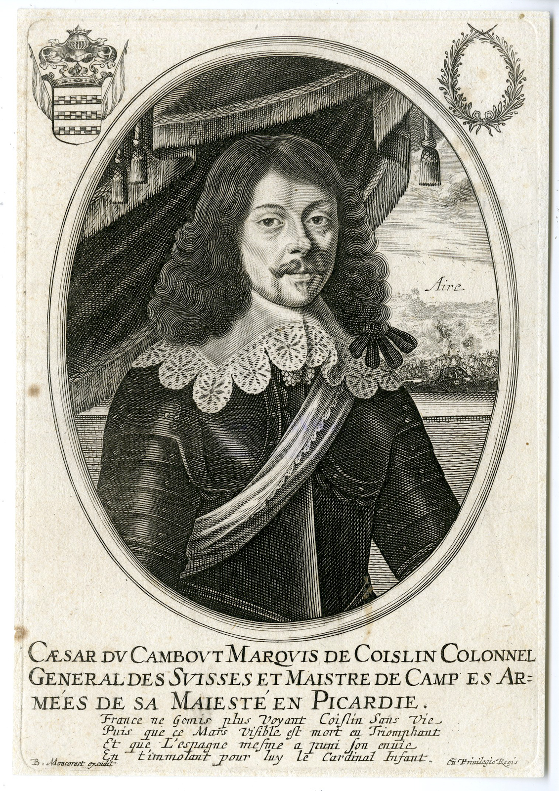 , Antique Print – CESAR DU CAMBOUT-COISLIN-ARMY-OFFICER-PORTRAIT-MONCORNET after unknown artist – c.1650, Pictura Antique Prints