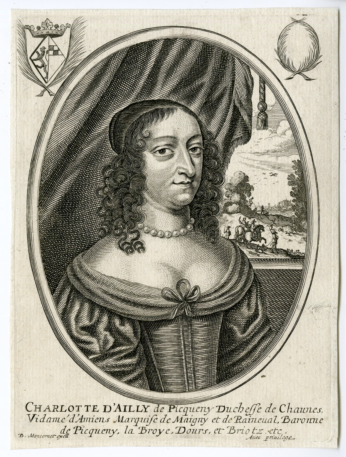 , Antique Print – CHARLOTTE D’AILLY-DUCHESS OF CHAUNES-PORTRAIT-MONCORNET after unknown artist – c.1650, Pictura Antique Prints