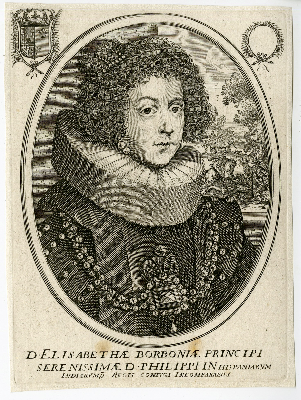 , Antique Print – ELISABETH OF FRANCE-QUEEN CONSORT-SPAIN-PORTRAIT-MONCORNET after unknown artist – c.1650, Pictura Antique Prints