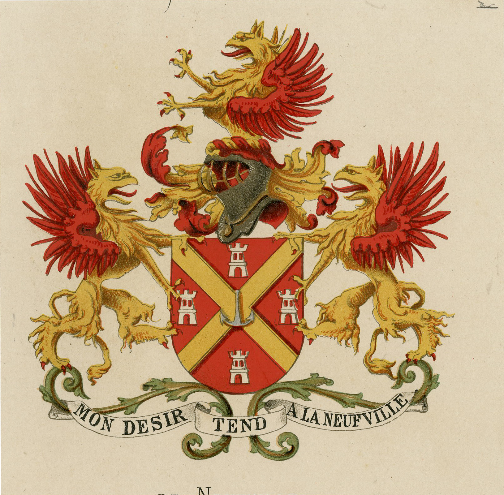 , Antique Print-NEUFVILLE-COAT OF ARMS-FAMILY CREST-WENNING after VORSTERMAN – 1885, Pictura Antique Prints