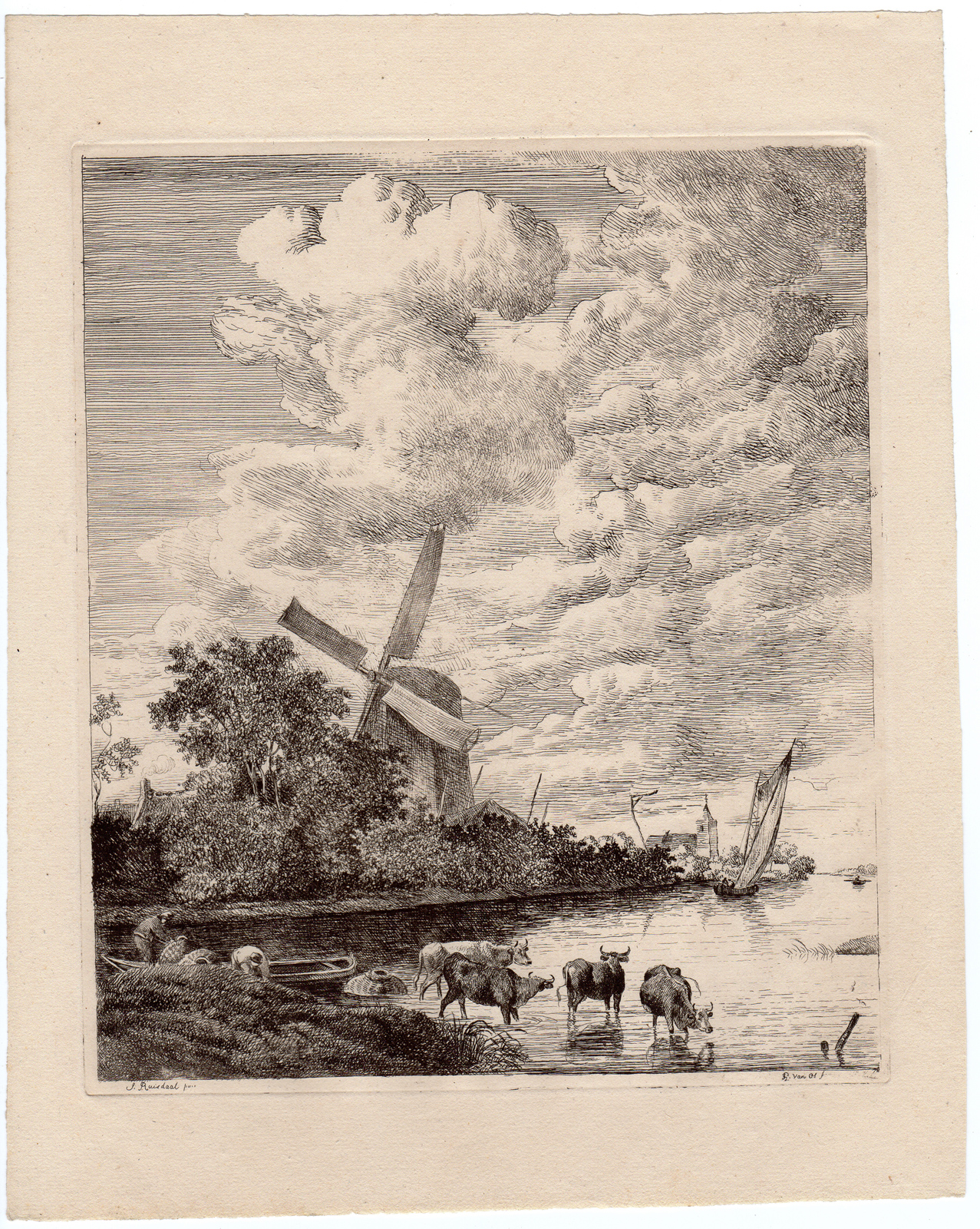 , Antique Print – RIVER-WINDMILL-COWS-BOAT-VAN OS after RUISDAEL – c. 1791 – 1839, Pictura Antique Prints
