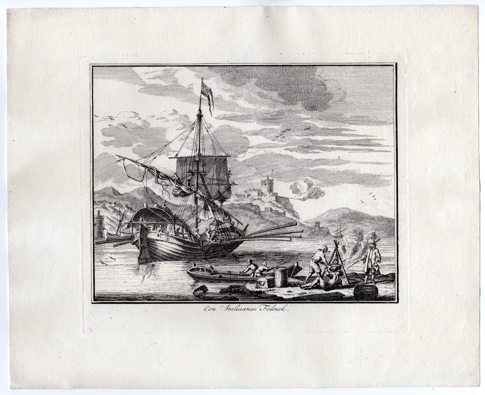 , Antique Print – FELUCCA-BOAT-BAY-CASTLE-VAN DER LAAN after unknown artist – c. 1694 – 1755, Pictura Antique Prints