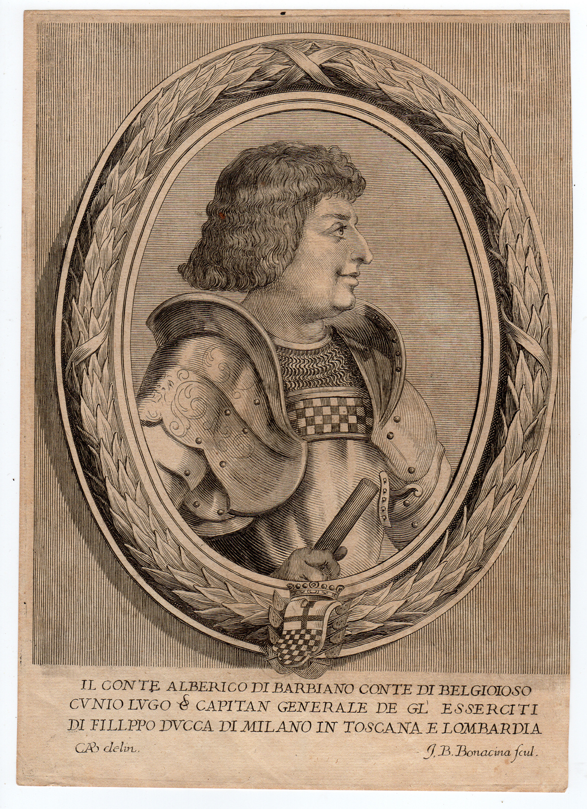 , Antique Print – ALBERICO DA BARBIANO-BELGIOIOSO-PORTRAIT-BONACINA after unknown artist – c.1630, Pictura Antique Prints
