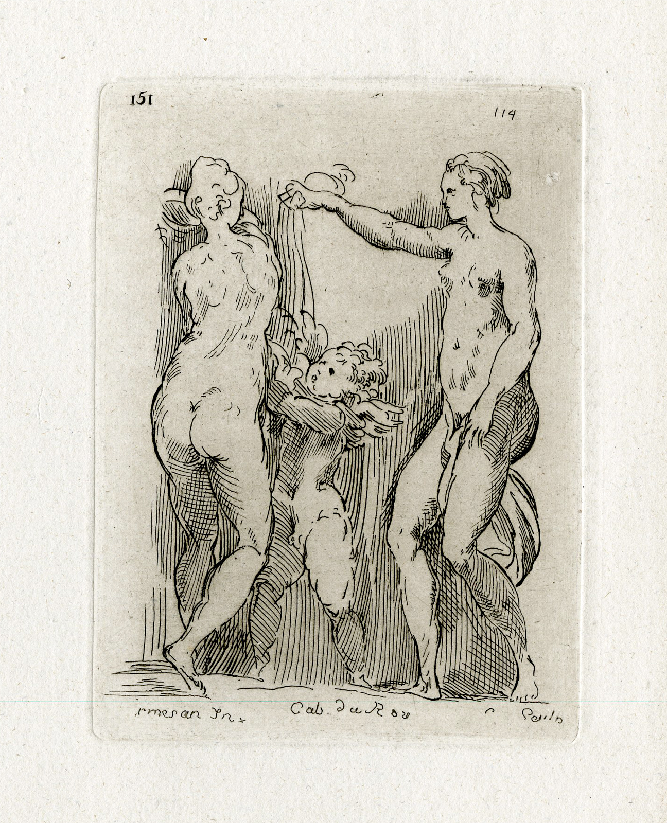 , Antique Print – NUDE FEMALE FIGURES-CUPID-ANGEL-CAYLUS after unknown artist – c.1750, Pictura Antique Prints